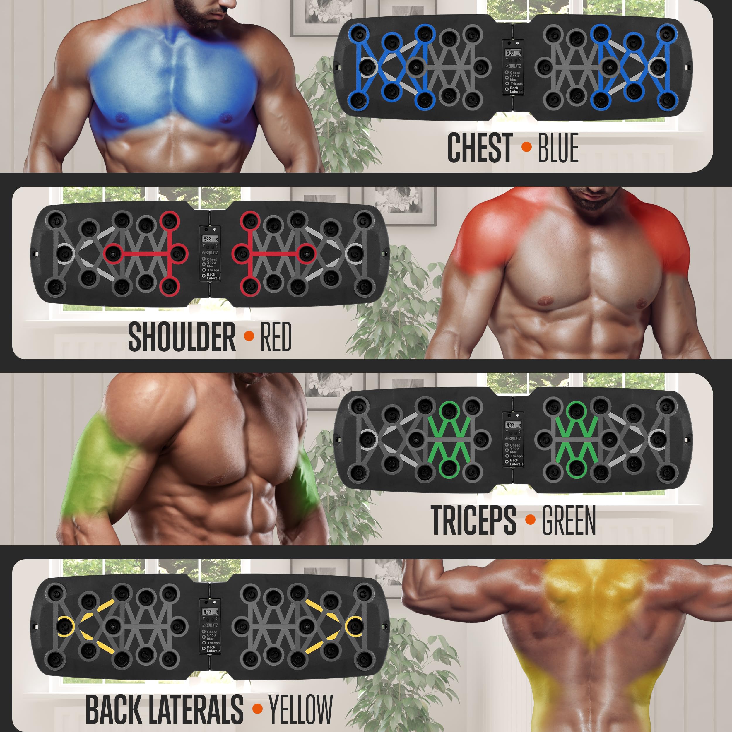 SQUATZ Portable Push Up Board with Resistance Bands, Pilates Rods & Fitness Mat - 5-Piece Workout Kit for Strength Training, Physical Therapy & Home Gym - Supports 661.4 lbs - Perfect for Travel, Office & Outdoor Fitness