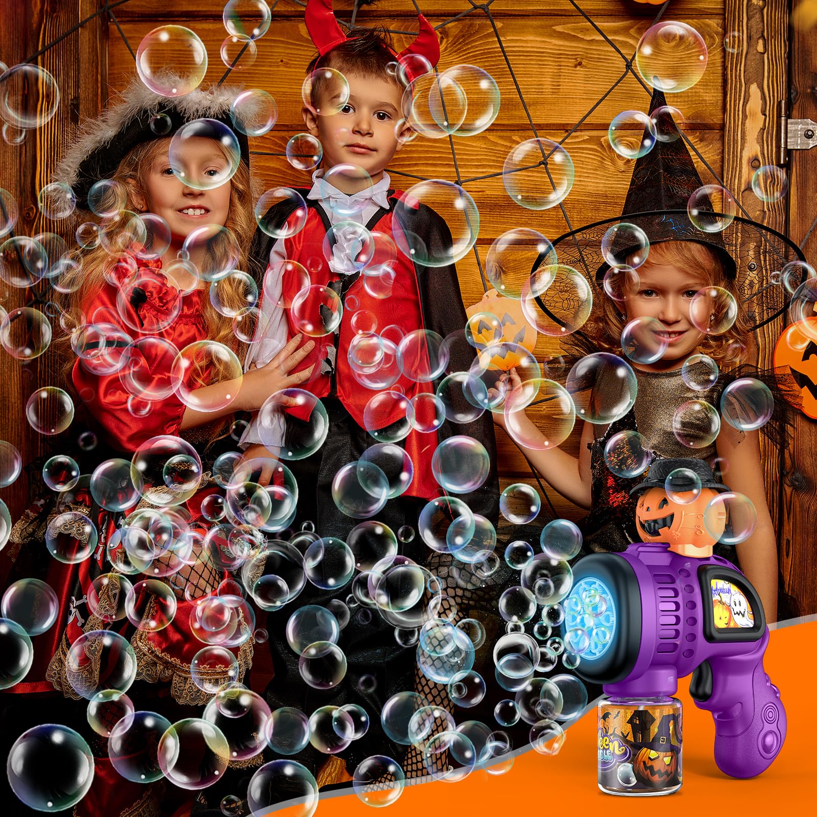 Fansteck Halloween Bubble Gun for Kids - 10 Hole Pumpkin Bubble Blower with LED Lights, Automatic Bubble Machine Toy for Toddlers | Perfect for Halloween Parties, Outdoor Play, Birthday Favors & Backyard Fun