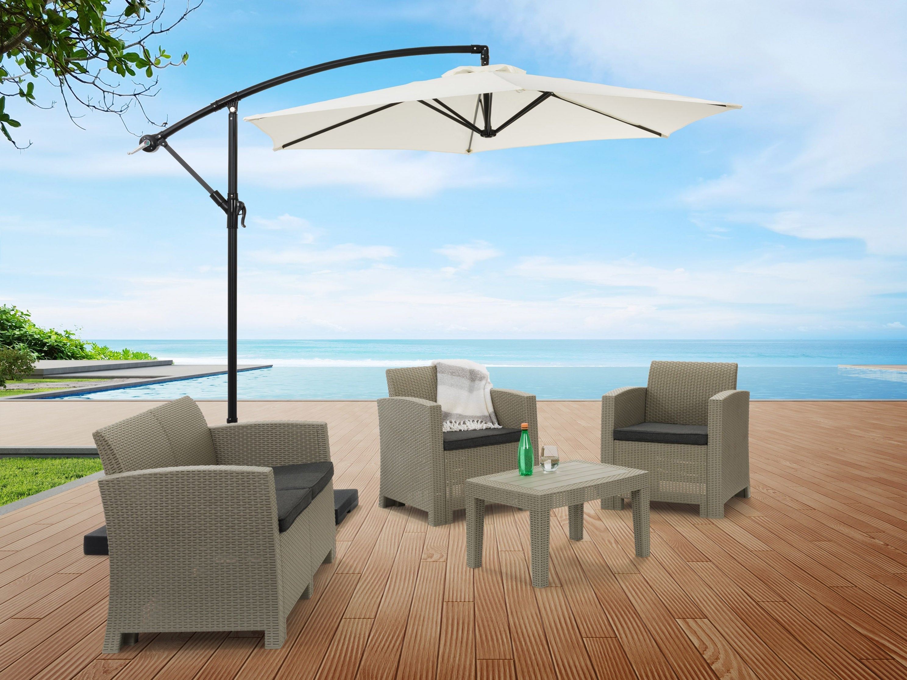 9ft Warm White Cantilever Umbrella - Outdoor Patio Sun Shade with Adjustable Tilt for Garden, Poolside, and Backyard Relaxation