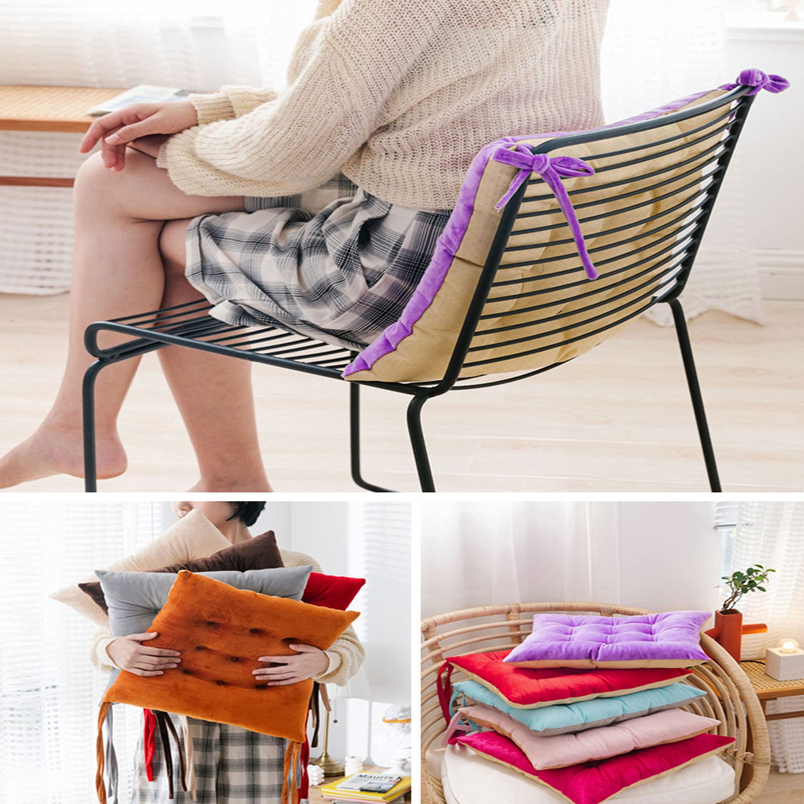 40x40cm Square Chair Cushions Set of 4 - Thick Fiber Filled Cotton Seat Pads with Ties for Dining Chairs, Patio Furniture & Outdoor Use - Comfortable Home & Garden Decor Accessories