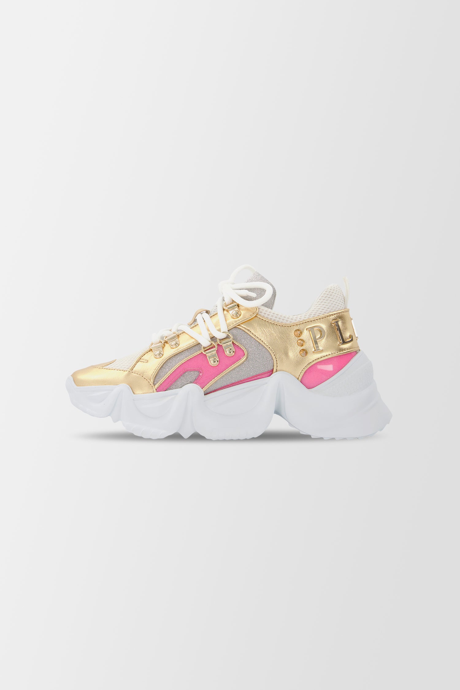 Philipp Plein Gold & Pink Crystal Embellished Sneakers for Women - Luxury Fashion Shoes for Parties, Nightlife & Special Occasions