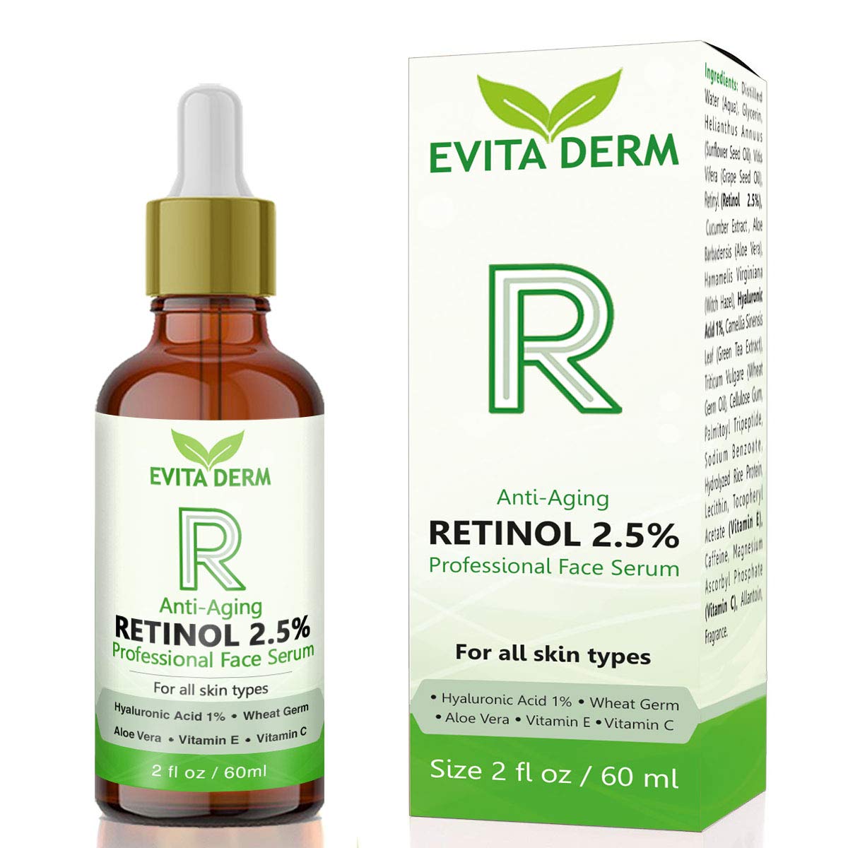 2.5% Retinol Serum with Hyaluronic Acid, Vitamin C & E, Peptide & Aloe Vera - Anti-Aging Face Serum for Wrinkles, Fine Lines & Acne - Boost Collagen Production - Day & Night Moisturizer for All Skin Types