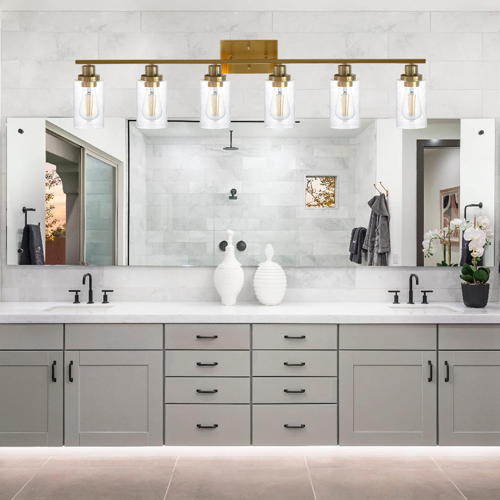 MELUCEE 6-Light Brushed Brass Vanity Light - Modern Bathroom Mirror Lighting Fixture with Bubbled Glass Shades - Wall Sconce for Hallway, Kitchen, Living Room & Bedroom - Perfect for Makeup, Shaving & Ambient Lighting