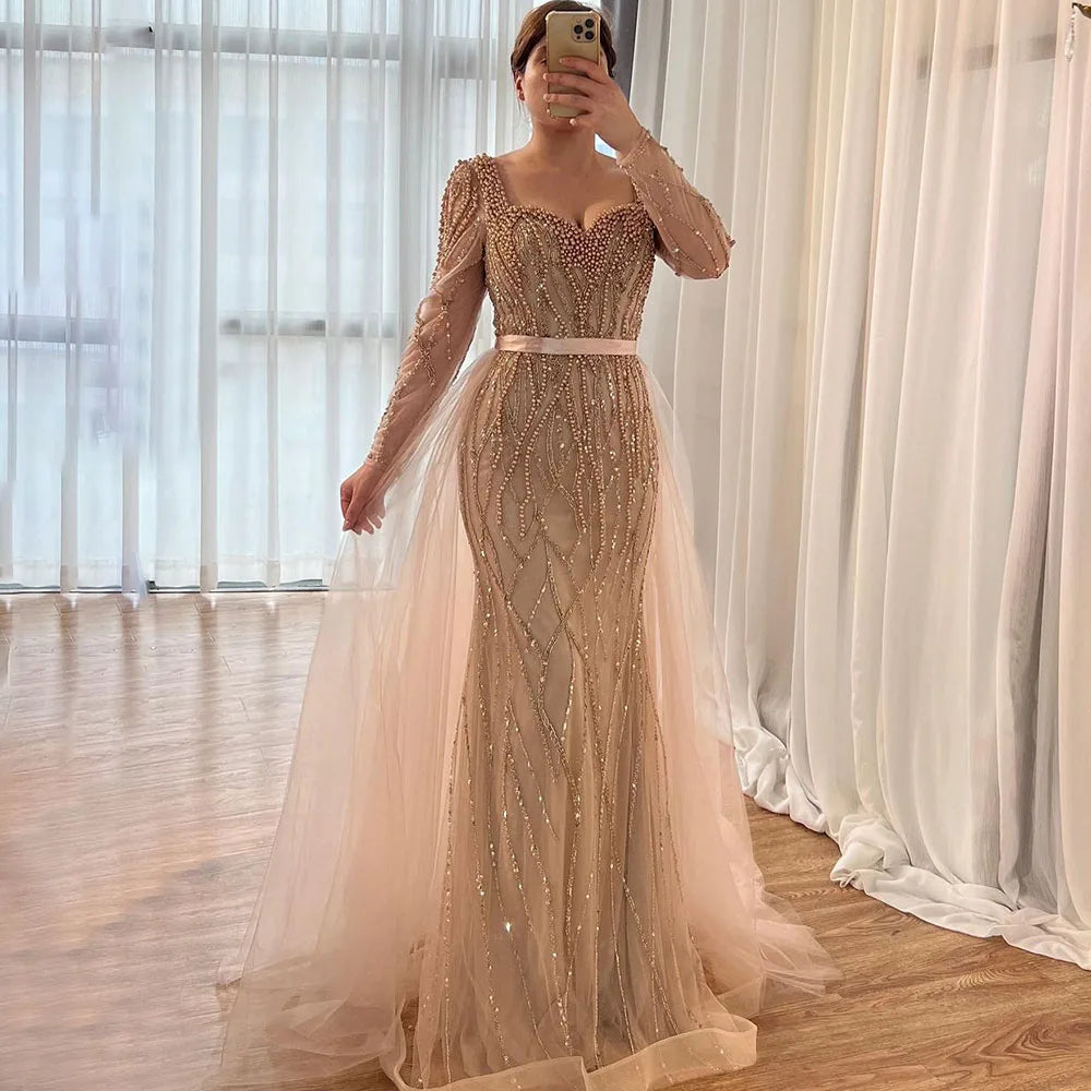 Serene Hill Blue Mermaid Evening Gown with Pearl Beading - Elegant Arabic Style Wedding Dress for Women | Perfect for Formal Parties, Prom & Special Occasions