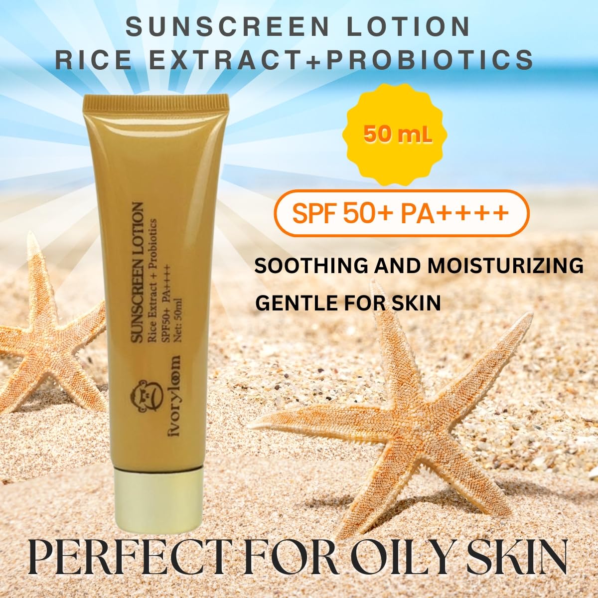ivoryloom SPF 50+ Sunscreen with Rice Extract & Probiotics | Broad Spectrum UVA/UVB Protection | Oil-Free & Non-Comedogenic | Water Resistant | 1.7 oz | Perfect for Oily Skin & Daily Outdoor Activities