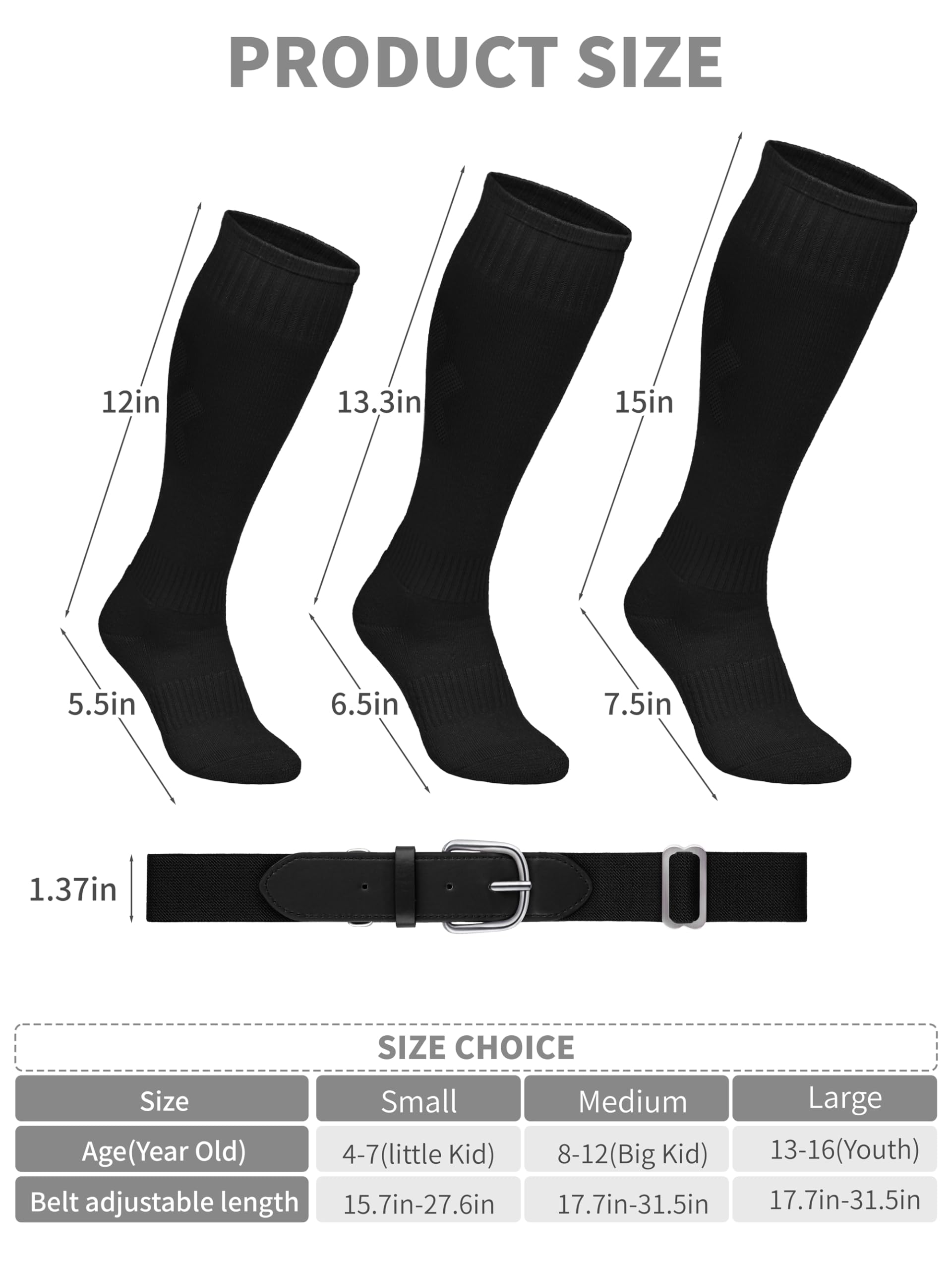 2 Pairs Baseball Socks with Adjustable Belt - Cotton Youth Baseball & Softball Socks for Boys & Girls - Perfect for Games, Practice & Team Uniforms