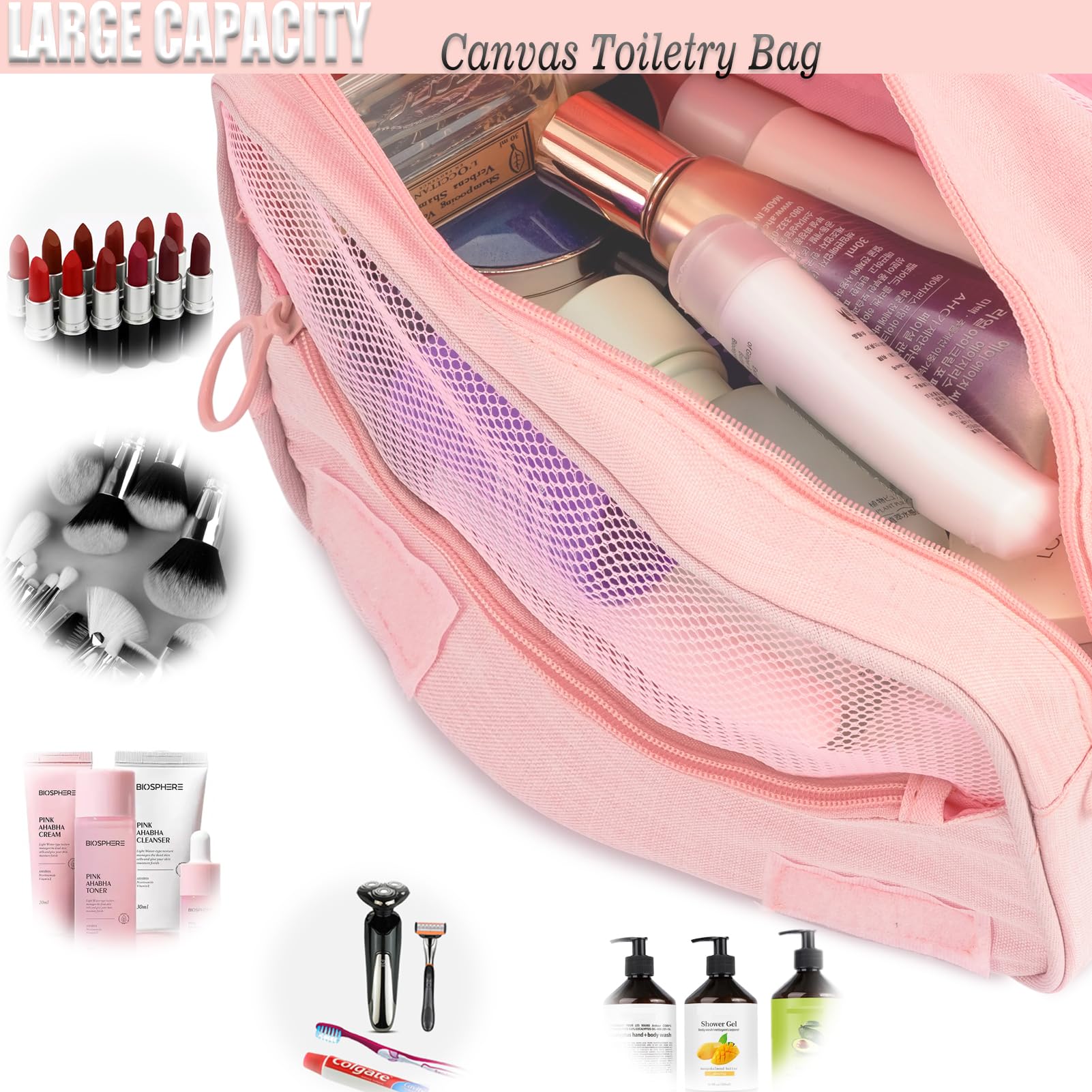 L&FY Multifunction Portable Travel Toiletry Bag - Waterproof Cosmetic Makeup Pouch Organizer for Women & Men - Perfect for Vacation, Gym, Camping (Pink)