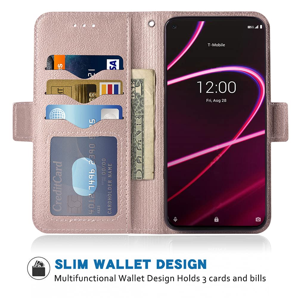 Premium Leather Wallet Case with Wrist Strap & Card Holder for T-Mobile Revvl 5G/TCL Revel G5 (T790W) - Rose Gold Flip Cover with Stand | Perfect for Daily Use, Travel & Hands-Free Convenience