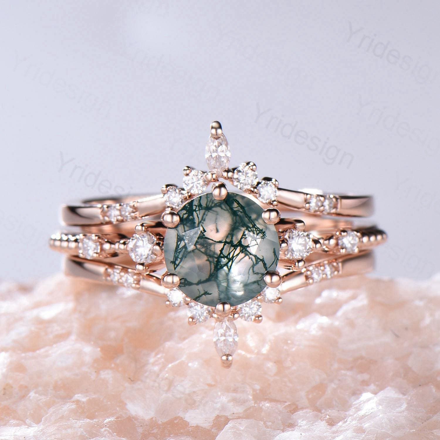 1 Carat Round Moss Agate Engagement Ring Set in 10K/14K/18K Rose Gold - Vintage Wedding Ring with Double Enhancer & Moissanite Diamond Stacking Band for Bridal Jewelry & Anniversary Gifts