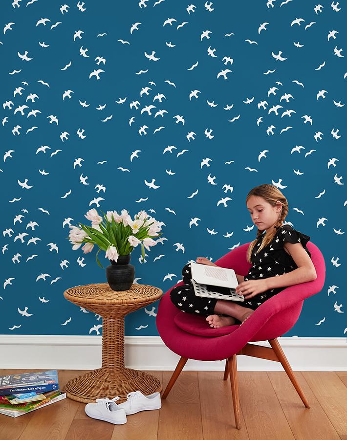 Gulls Wallpaper by Tea Collection in Cadet Blue - Coastal & Nautical Themed Wall Decor for Living Room, Bedroom, or Nursery