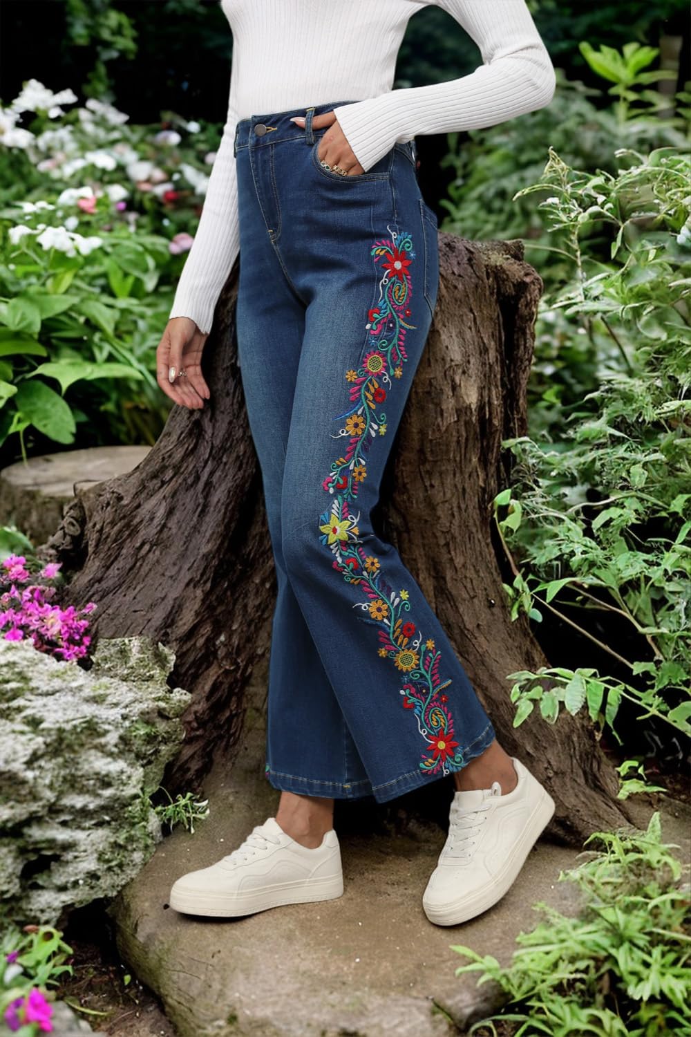 Trendy High Rise AK Flare Jeans for Women - Embroidered Denim with Pockets & Tummy Control for Casual Wear