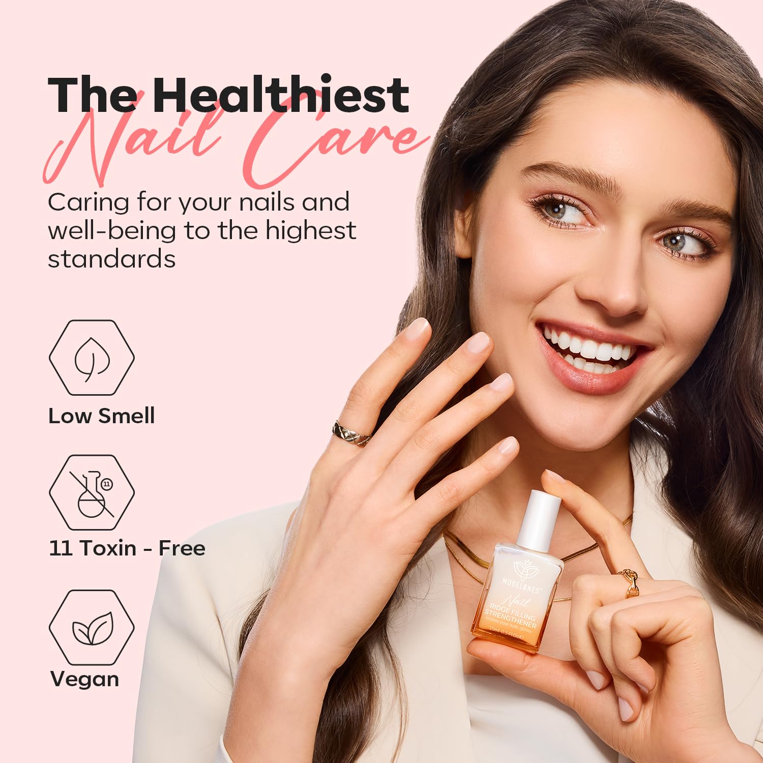 Modelones Nail Strengthener & Ridge Filler - Clear Nail Polish for Thin, Weak & Damaged Nails - Nail Hardener with Pink Glow (15ml) - Perfect for At-Home Manicures & Nail Care Routine