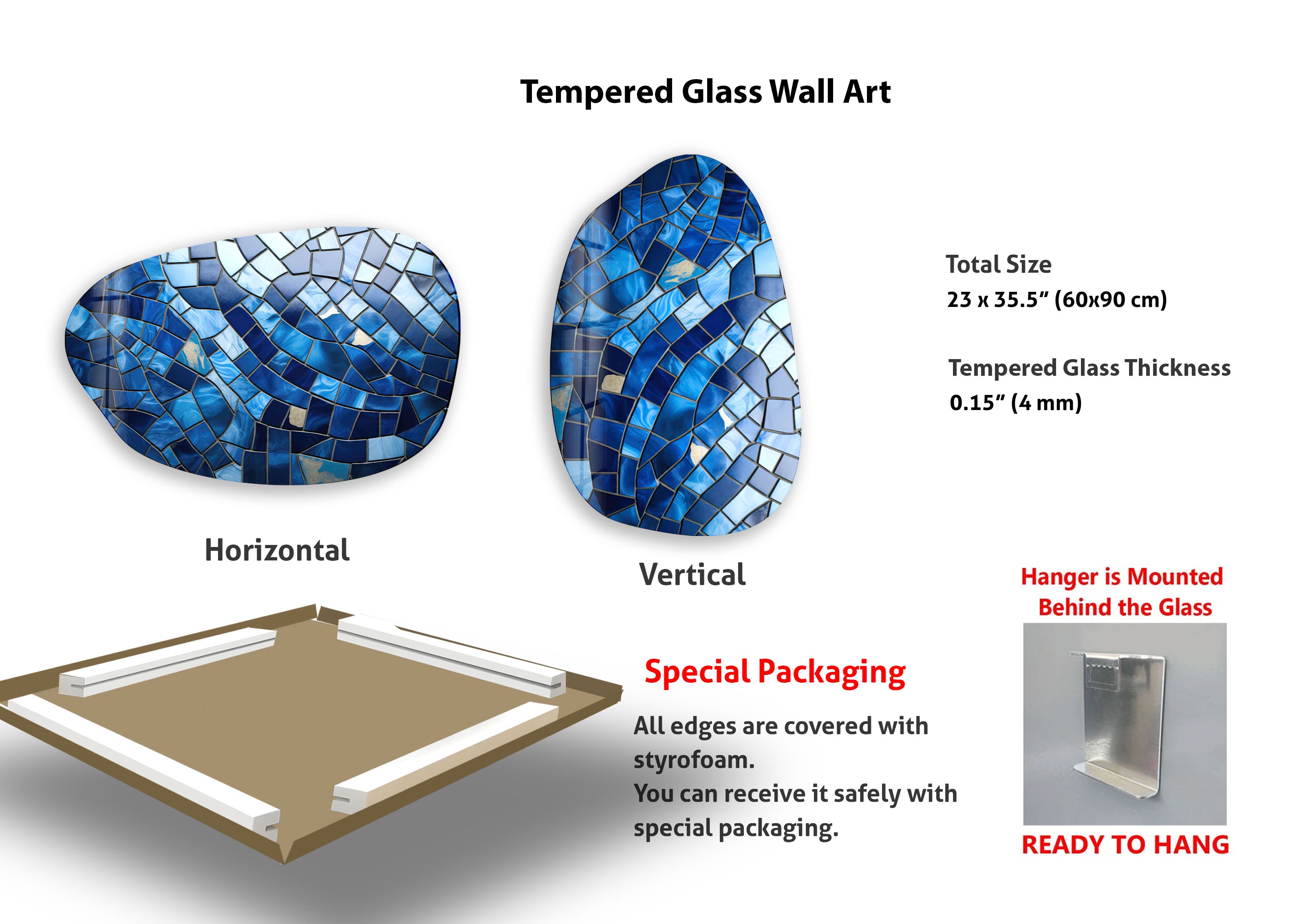 Handmade Blue Ceramic Tiles with Irregular Glass Mosaic - Modern Wall Art Decor for Bathroom, Kitchen Backsplash & Living Room Accent