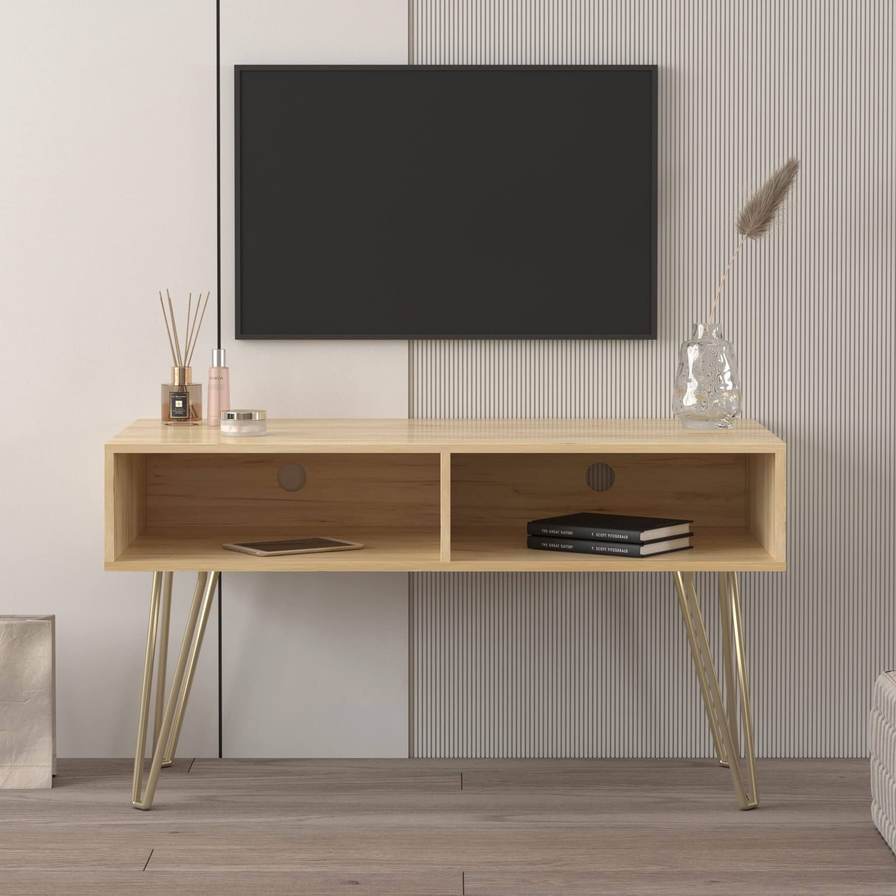 Modern TV Stand with 2 Open Shelves - Sturdy Metal Legs & Fir Wood Construction - Holds TV, DVD Player, Router, Books & Decor - Perfect for Living Room, Bedroom or Home Theater Setup