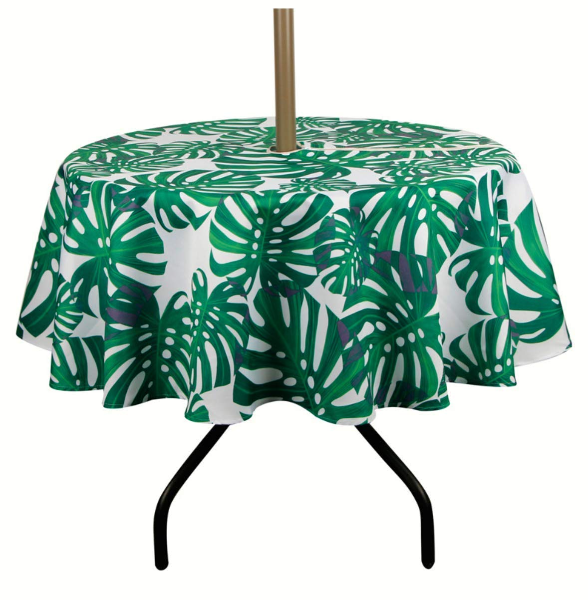 Waterproof Polyester Round Tablecloth with Umbrella Hole & Zipper - 60 Inch Outdoor Dining Cover for Patio, Backyard BBQs, Picnics and Garden Parties (Leaf Green)