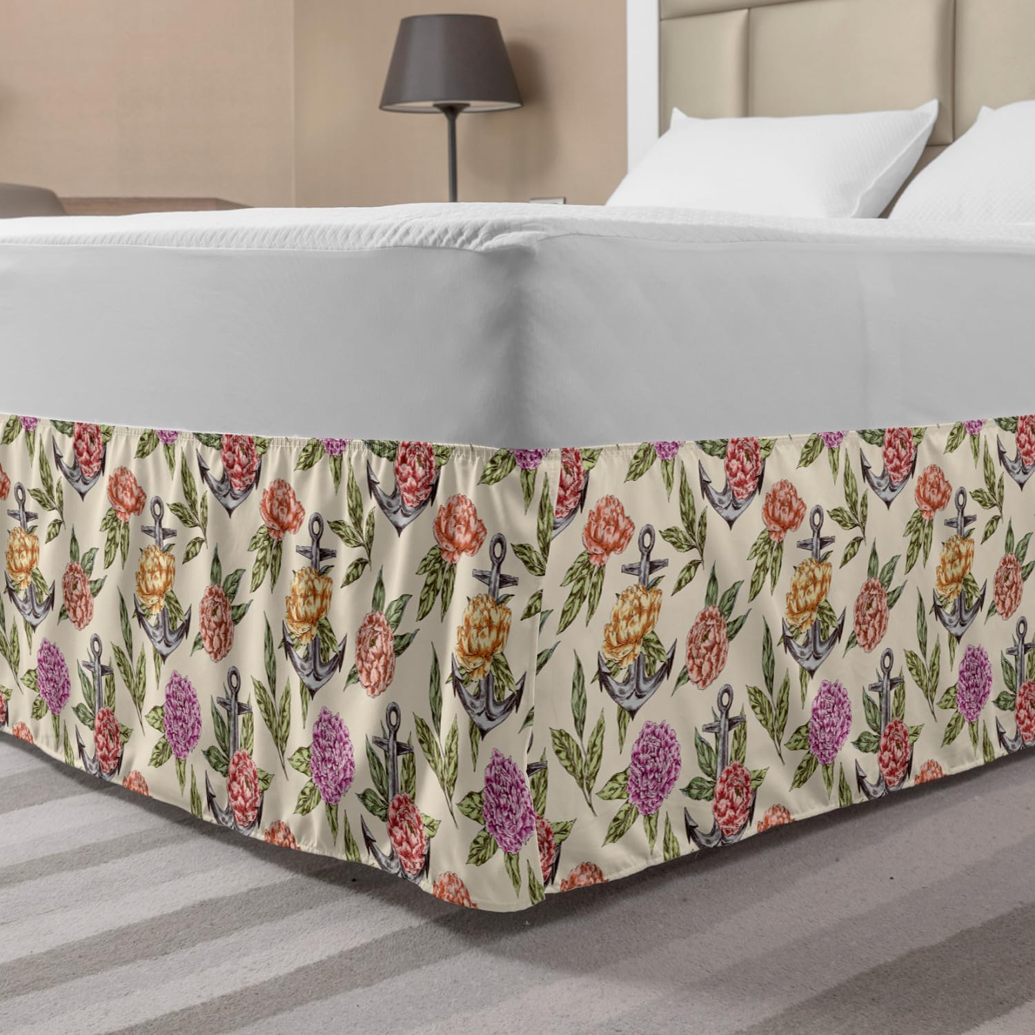 Ambesonne Vintage Floral Elastic Bed Skirt - Hand Drawn Peonies & Anchors Design, Wrap Around Dust Ruffle for Queen Size Beds | Perfect for Bedroom Decor & Guest Room Styling