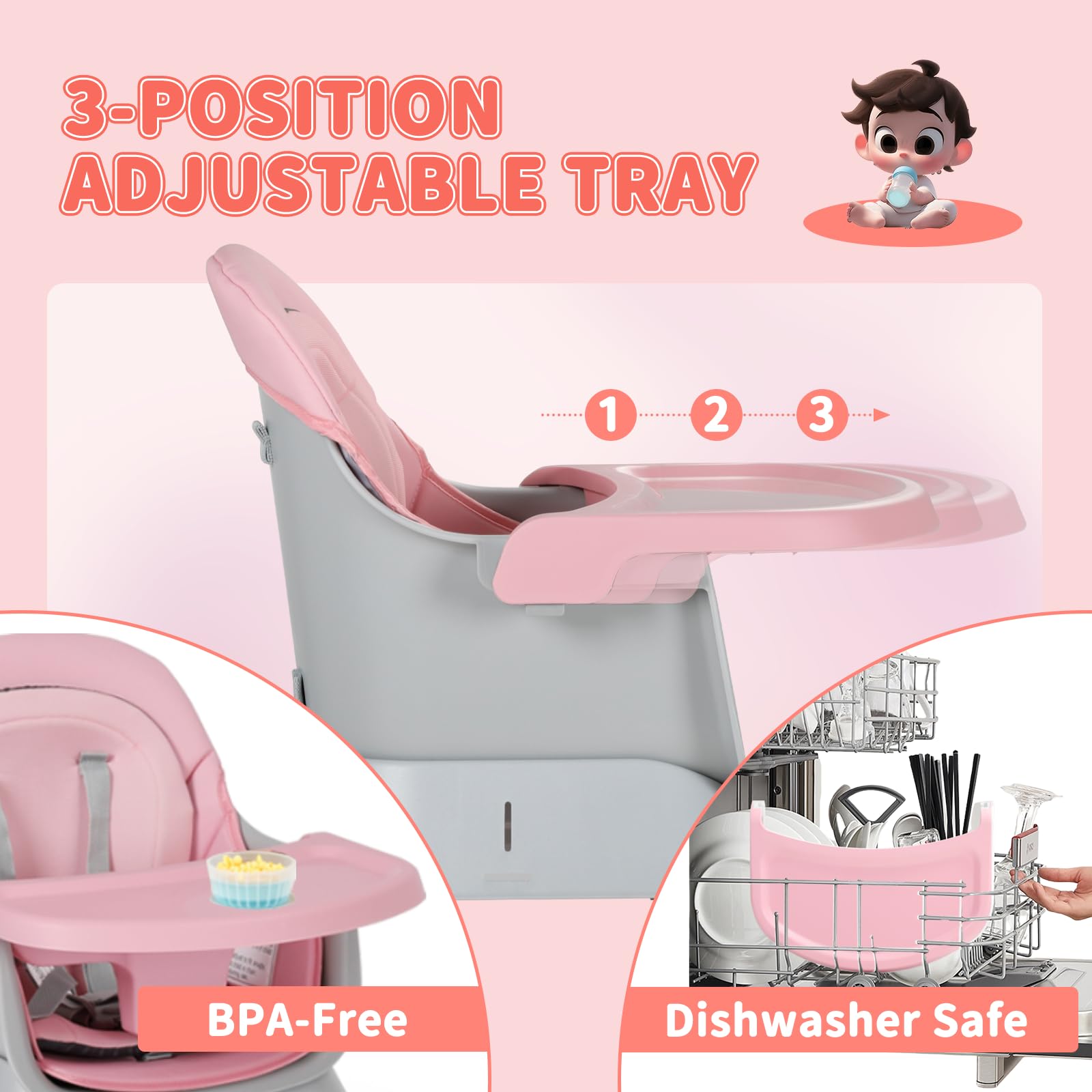 Kinder King 8-in-1 Convertible Baby High Chair - Dining Booster Seat, Kids Table & Chair Set, Toddler Activity Table with Building Blocks, Stool - Removable Tray & Washable Double Seat Cover - Easy Clean Pink (Perfect for Feeding, Playtime & Learning Activities)