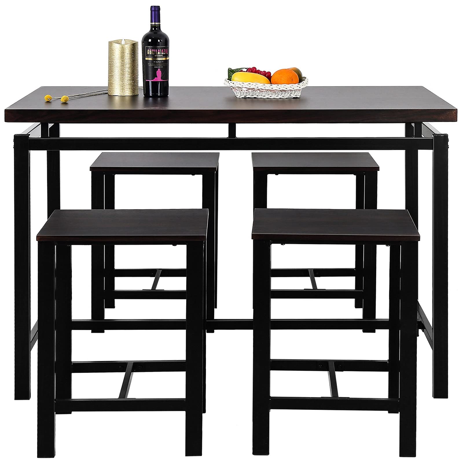 5-Piece Contemporary Breakfast Table and Chair Set - Black High Bar Dining Table with 4 Stools for Home Kitchen | Perfect for Small Spaces, Breakfast Nooks & Modern Apartments