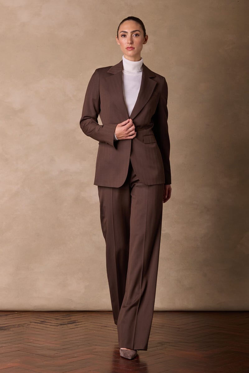 Lily Longline Blazer & Laura Suit Set - Chocolate Herringbone Pattern Women's Business Formal Wear for Office, Interviews & Professional Events