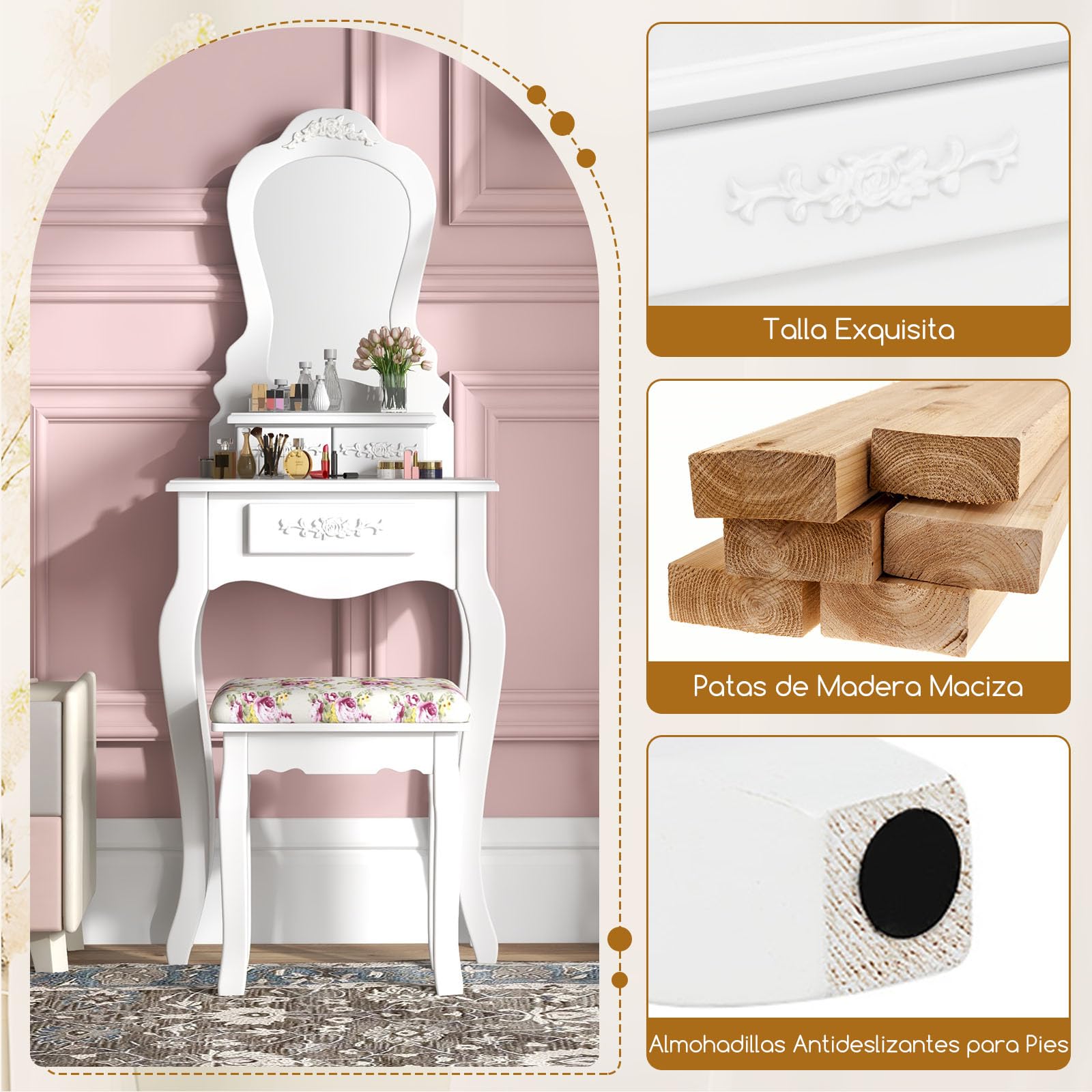 Vintage Wooden Makeup Vanity with Mirror & Stool - 3 Drawers, 50x30x136cm - Perfect for Bedroom & Dressing Room