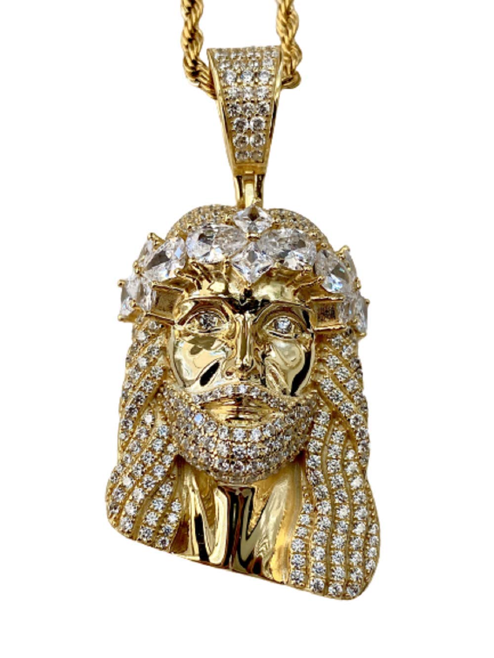Custom Face of Christ Pendant - 925 Sterling Silver with Gold Finish & Iced Detail - Stainless Steel 3mm Rope Chain (16