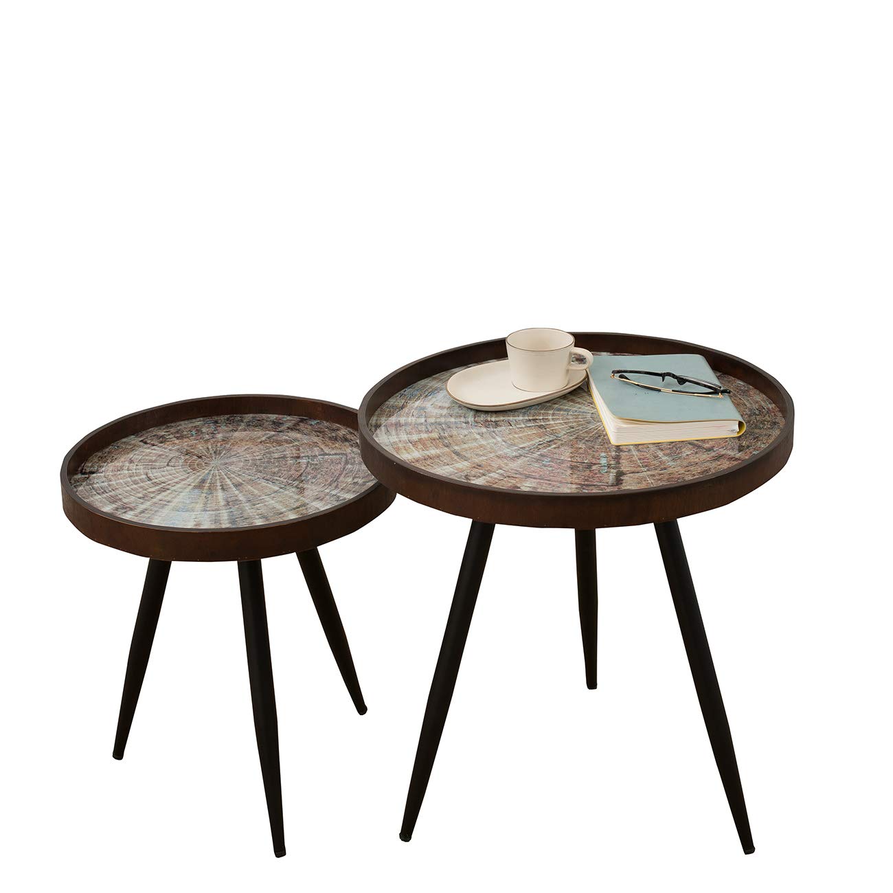 GEZITREND 2-Piece Round Nesting Coffee Table Set with Wood Tray Top - Modern Farmhouse Circle Side End Tables for Living Room, Bedroom, Office (Black Magic Ring) - Perfect for Small Spaces, Boho Decor & Coffee Lovers