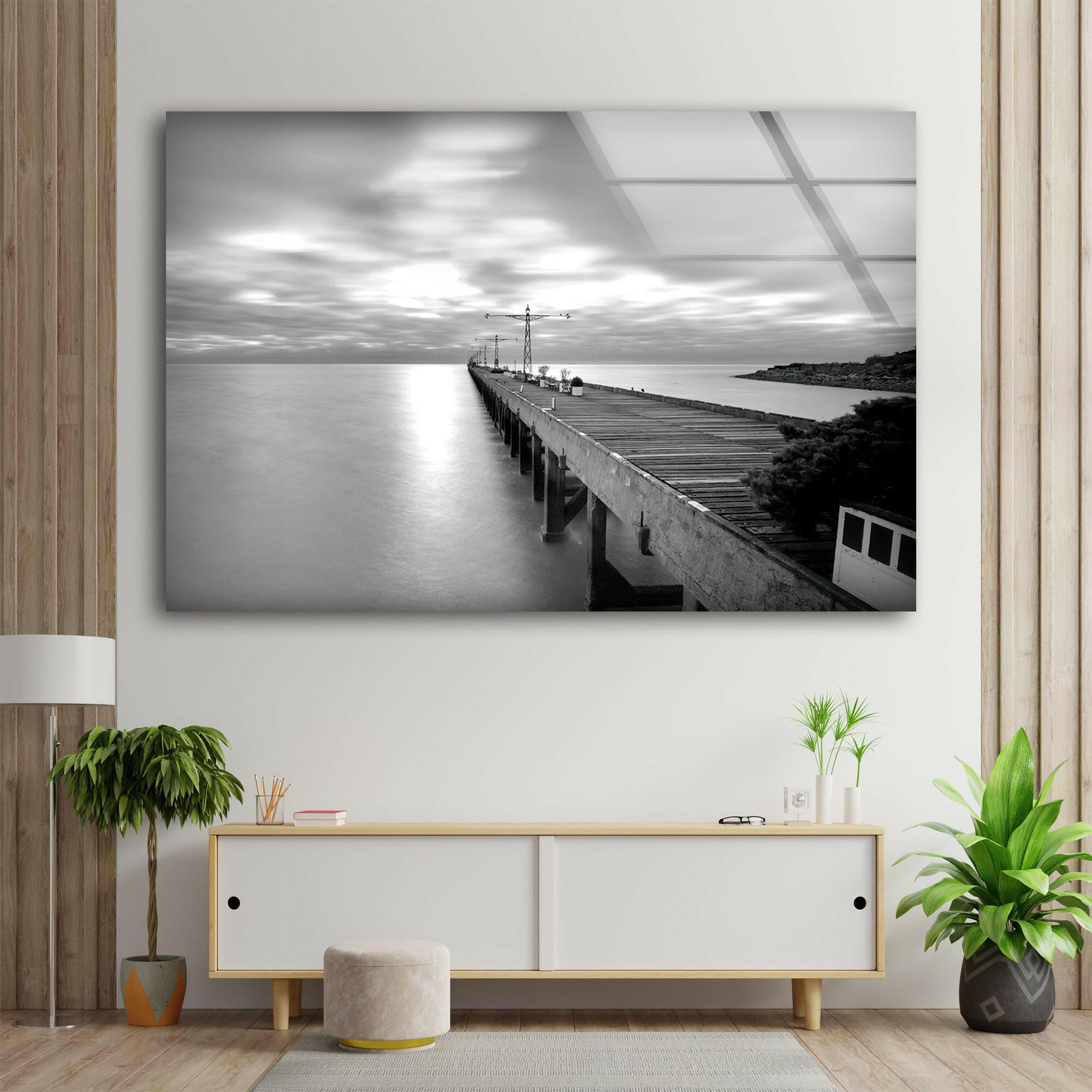 Black and White Dock Glass Wall Art - Modern Coastal Decor for Living Room, Bedroom, or Office - Perfect Home & Office Decoration
