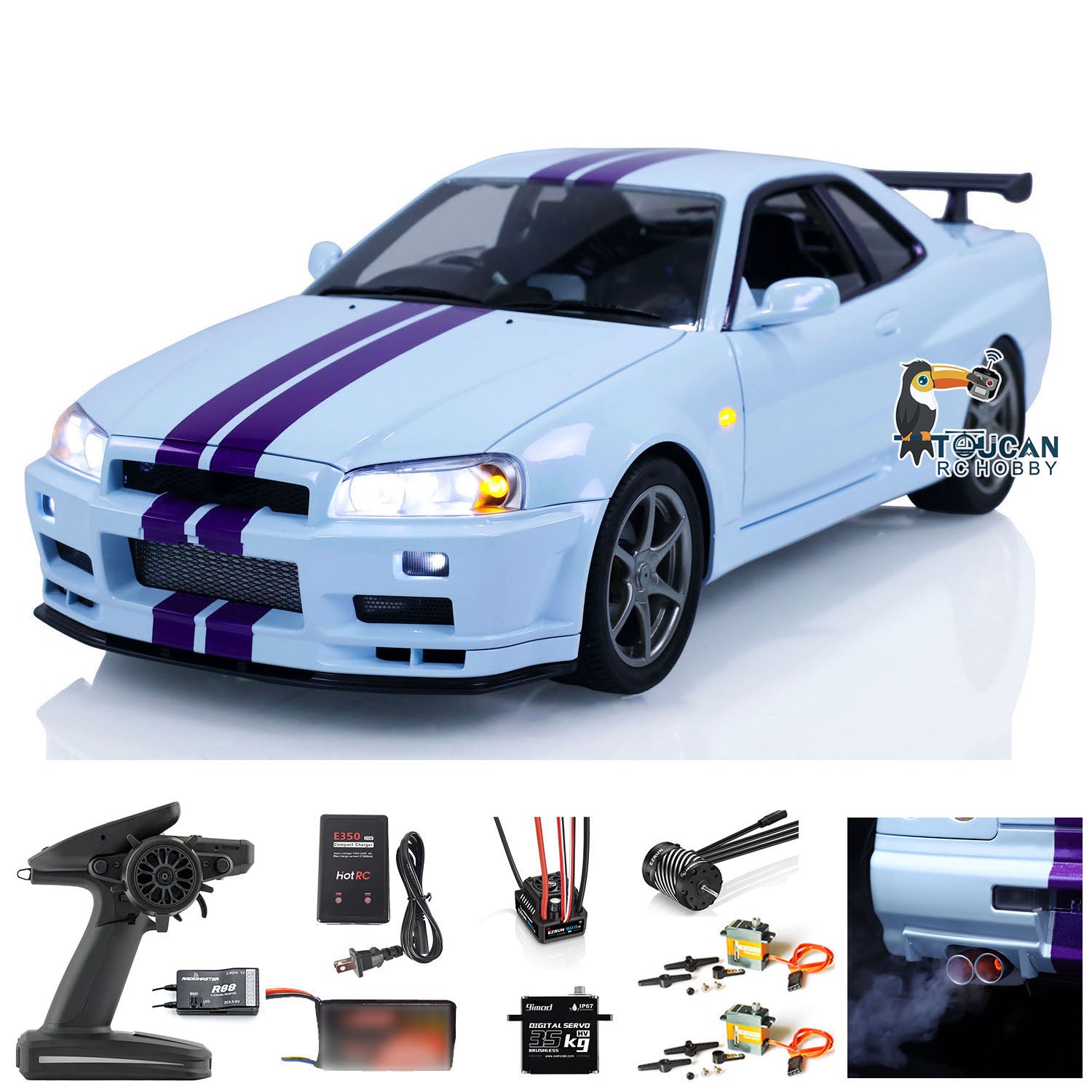 1/8 Scale R34 RC Racing Car 4WD High Speed Remote Control Drift Car with Metal Chassis, Smoke & Sound Effects - Ready to Run (RTR) - Perfect for Off-Road Racing, Drifting & Backyard Fun