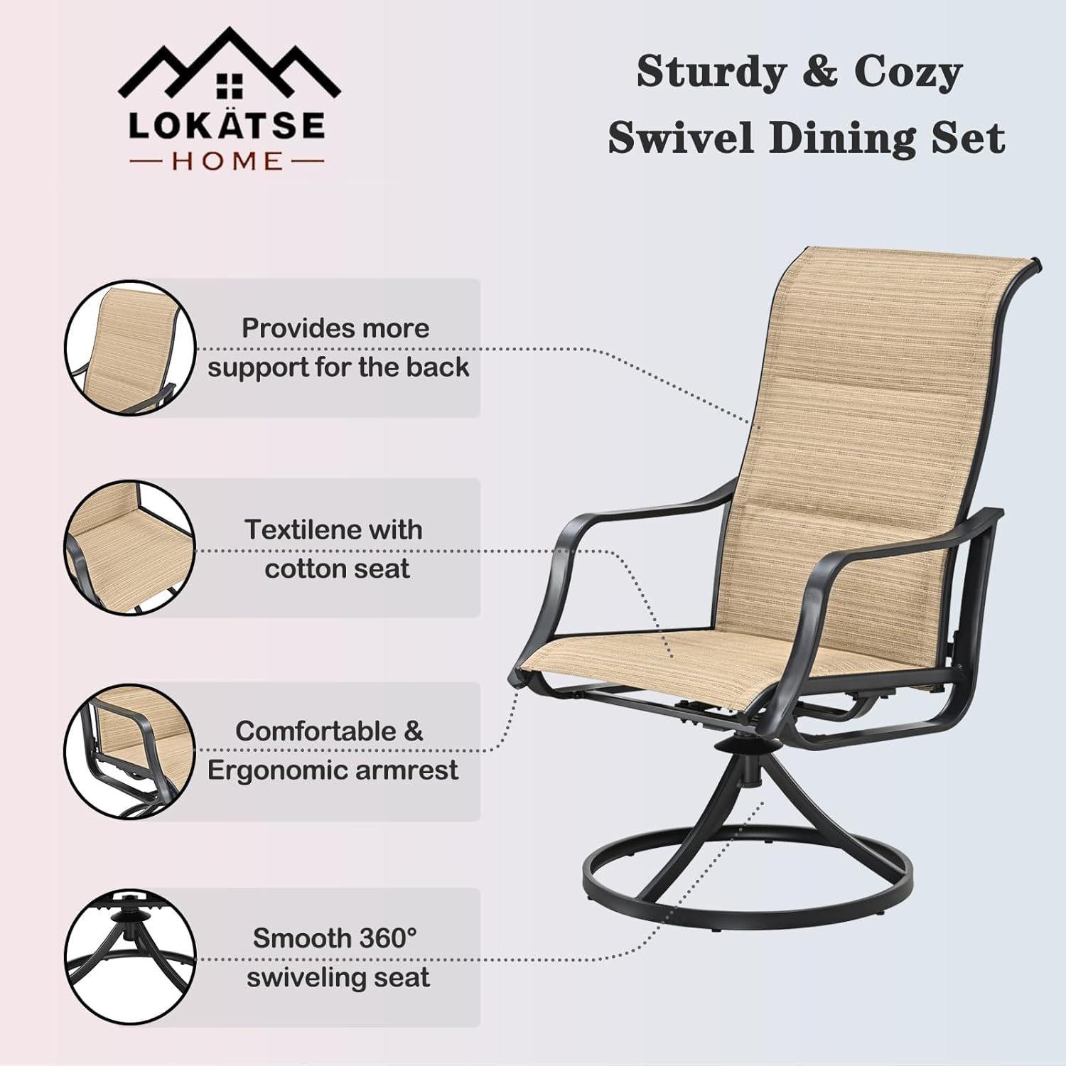 LOKATSE HOME 6-Piece Patio Dining Swivel Chair Set - Outdoor Bistro Furniture for Backyard, Deck, Garden, Porch & Yard - Weather-Resistant Beige Chairs for Relaxing & Entertaining Guests
