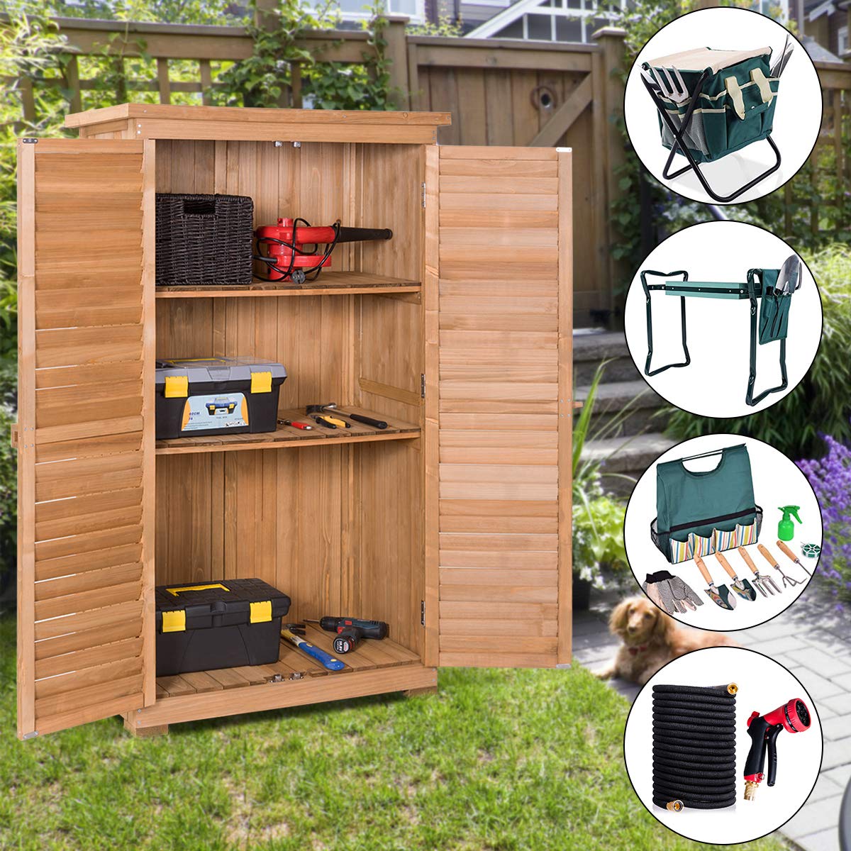 Goplus Outdoor Storage Cabinet - Weatherproof Wooden Shed with Lockable Latch, Adjustable Shelves & Durable Pitch Roof - Perfect Vertical Garden Tool Organizer for Backyard, Patio, Deck & Garage Storage (Ideal for Storing Lawn Equipment, Gardening Tools & Outdoor Accessories)