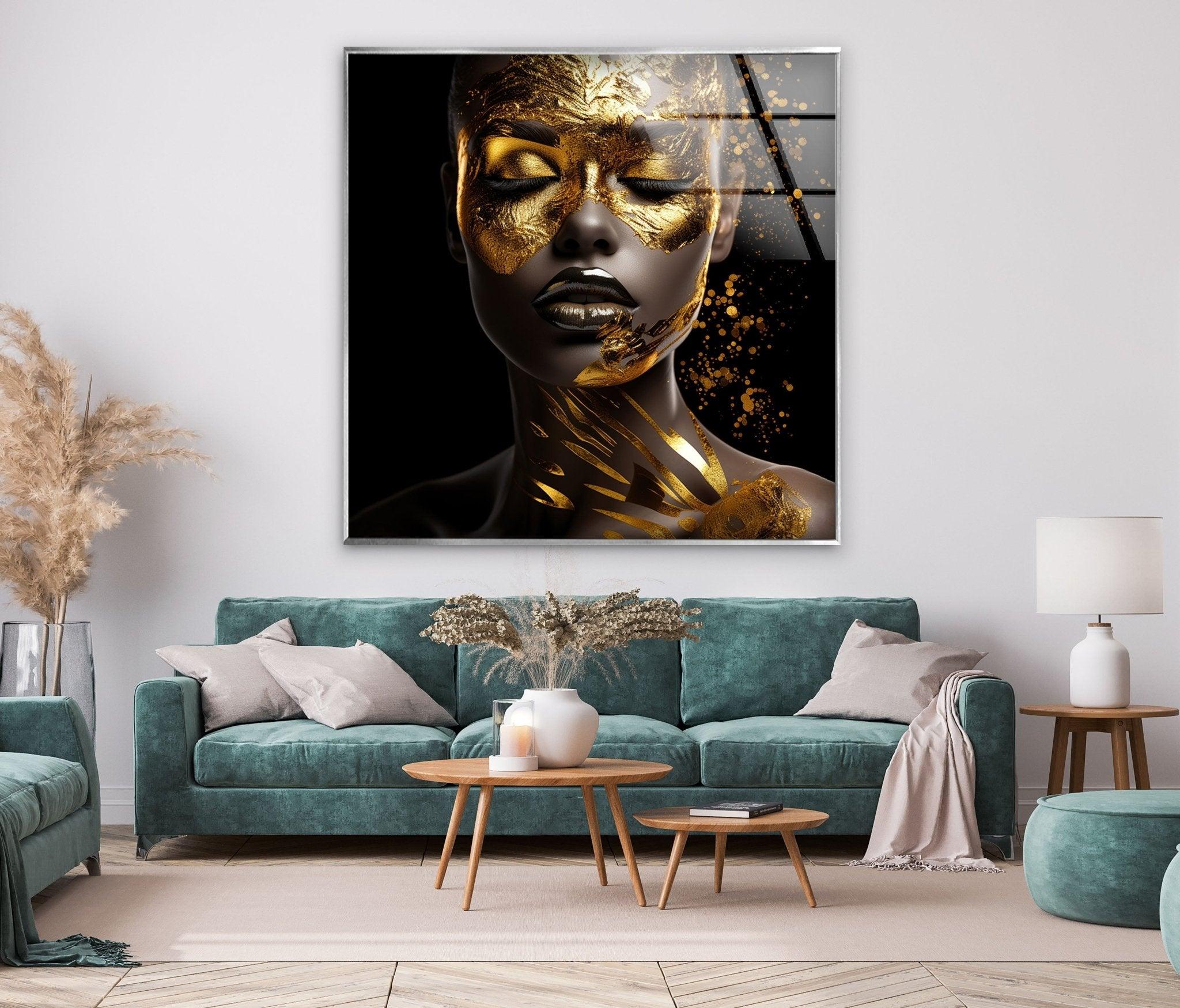 African Woman Portrait with Gold Face - Elegant Glass Wall Art for Living Room, Bedroom & Office Decor