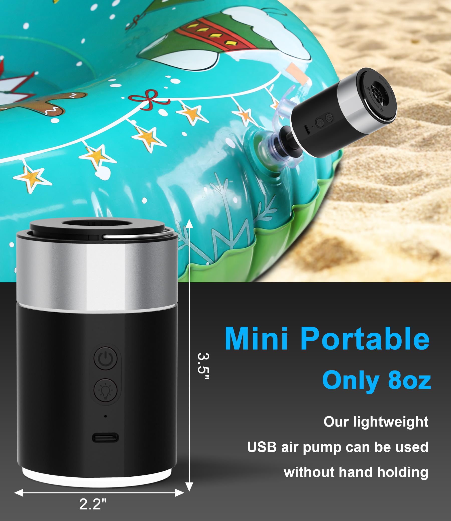LIBERRWAY Rechargeable Cordless Electric Air Pump for Inflatables - Portable Quick-Fill Air Mattress Pump with Built-in Camping Lantern - Ideal for Camping, Pool Floats, Beach Toys & Travel Accessories