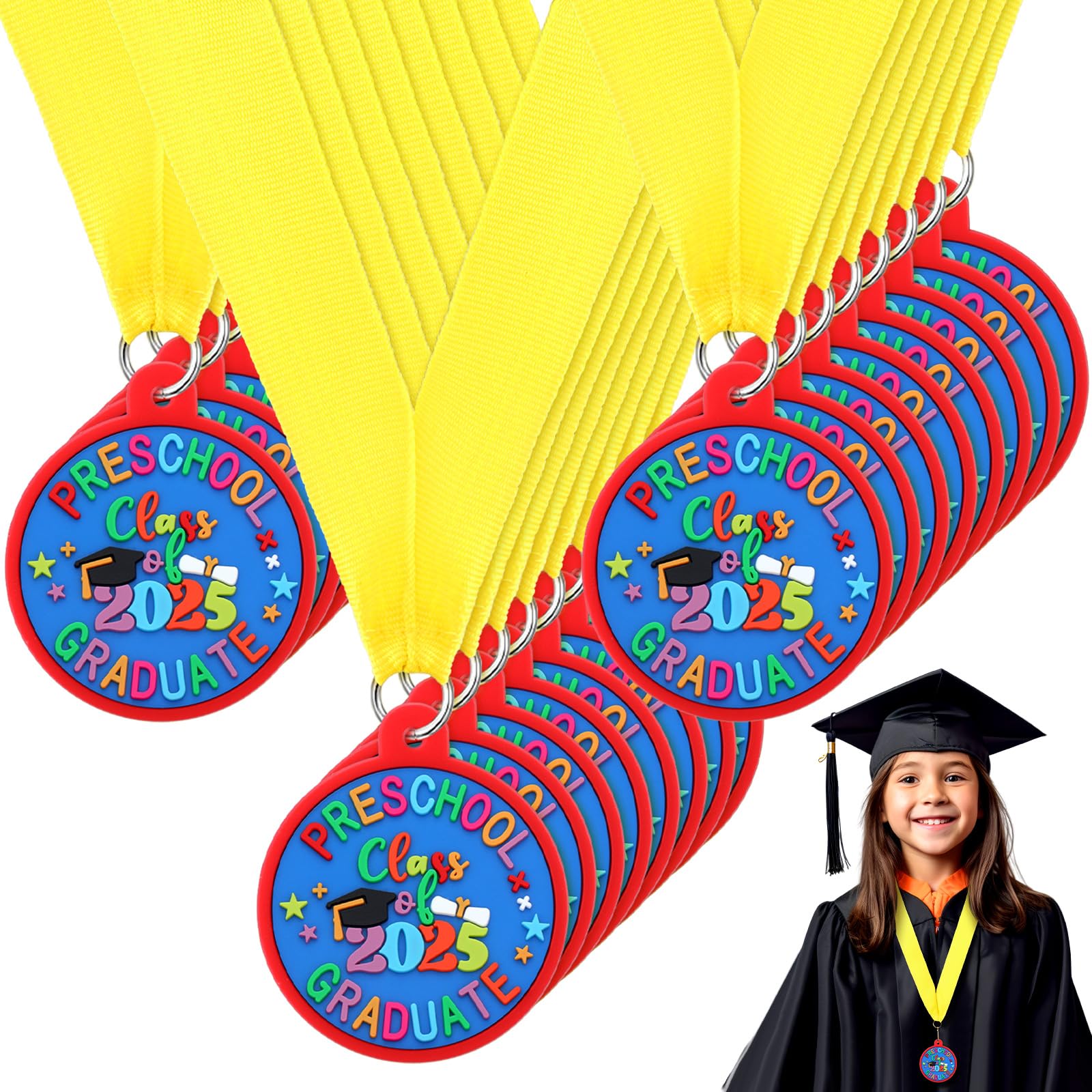 24 Pcs Kindergarten Graduation Medals for Kids - Preschool Graduation Award Medals with Yellow Ribbon - 2 Inch Student Graduation Party Favors - Perfect for Preschool Ceremonies, End of Year Celebrations & Graduation Gifts