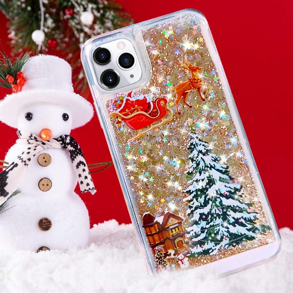 Topwin Christmas Liquid Floating Glitter Case for iPhone 11 Pro Max - Snowman Santa Elk Tree Design, Shockproof Defender Cover for Apple iPhone 11 Pro Max (Gold) | Perfect Holiday Gift & Winter Festival Protection