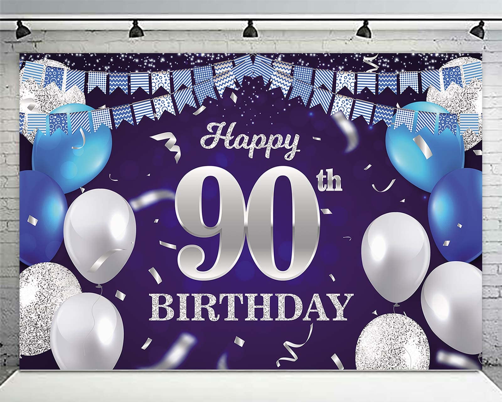 90th Birthday Banner Backdrop Decorations - Navy Blue Balloons, Confetti, Stripe Flag & Glitter Silver Theme for Women & Men | Perfect for 90th Birthday Party Supplies, Photo Booth & Celebration Decor