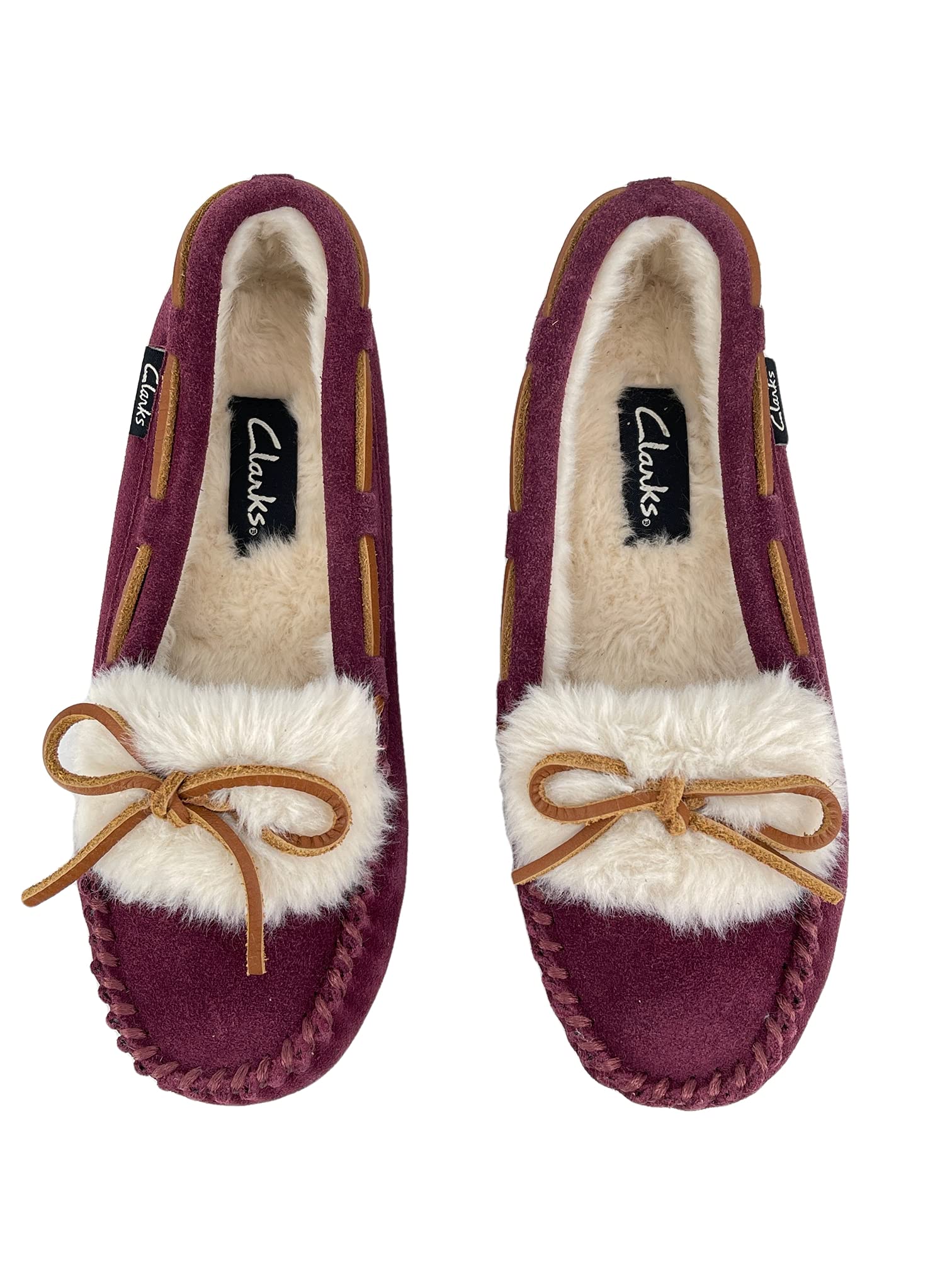 Clarks Women's Folded Tongue Suede Leather Moccasin Slippers ICH30746C - Plush Faux Fur Lining - Comfortable Indoor/Outdoor House Shoes for Women - Perfect for Lounging, Running Errands & Cozy Home Wear