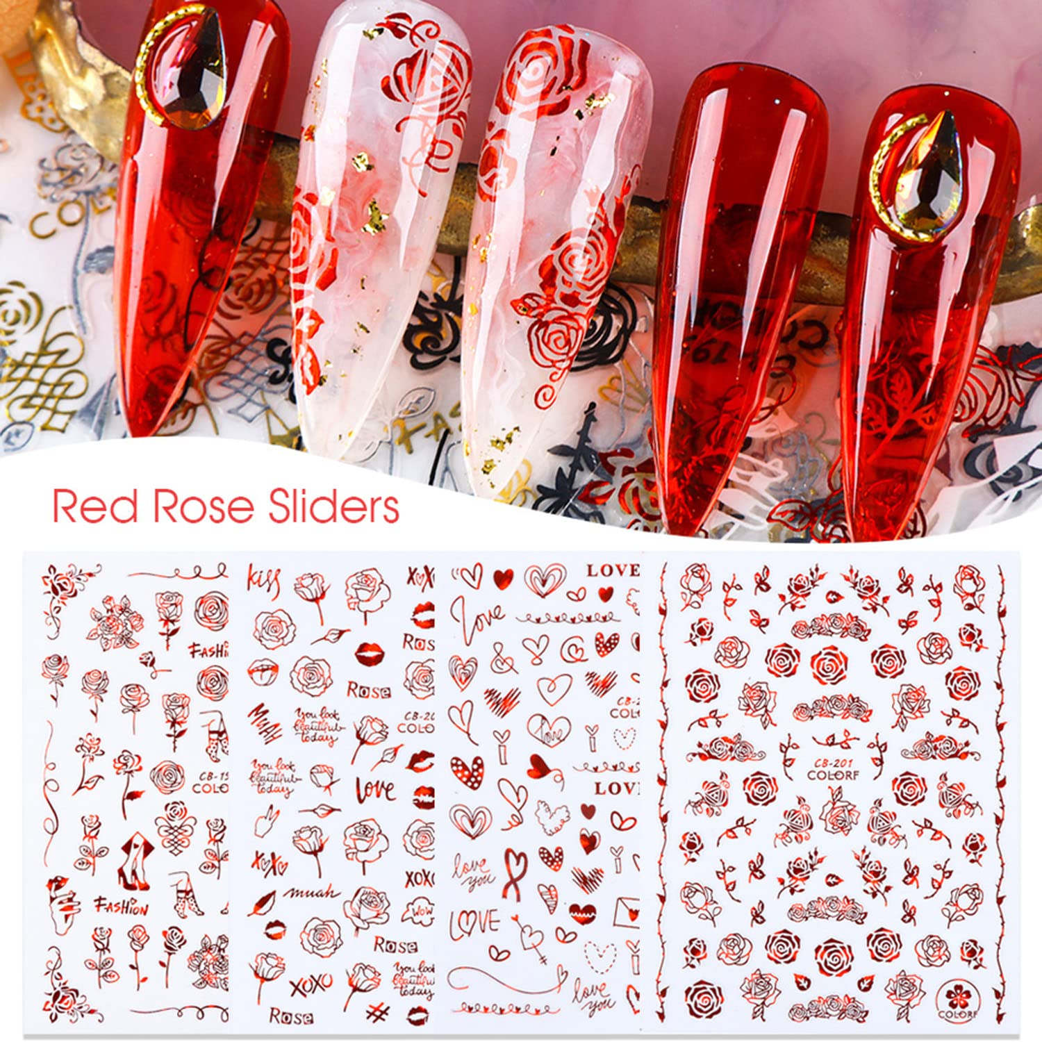 3D Rose Flower Nail Art Stickers - Self-Adhesive Floral Nail Decals with Red Roses, Hearts & Lips Design for Women & Girls | Perfect for Valentine's Day, Weddings, Parties & Manicure Decorations