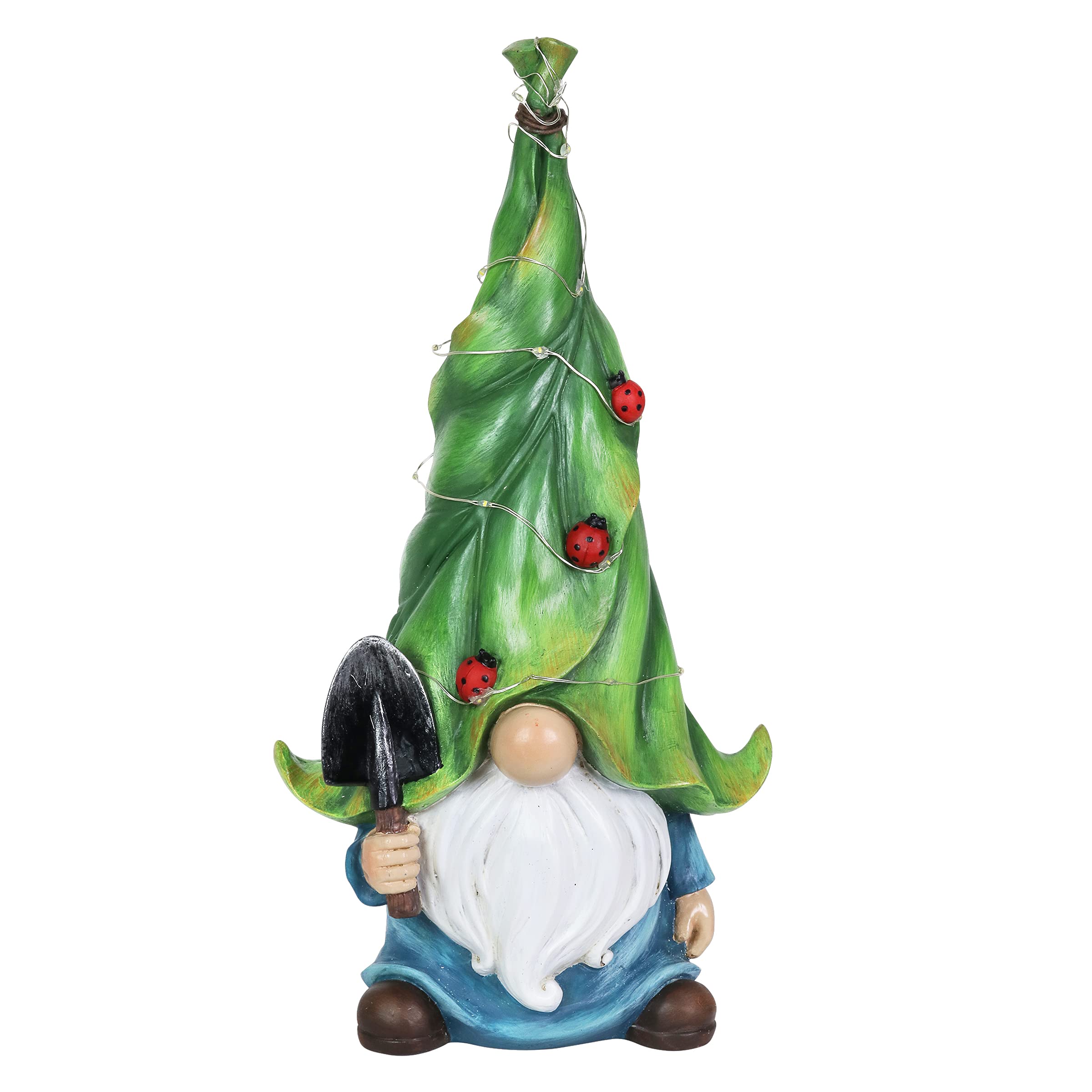 Solar-Powered Garden Gnome Statue with LED Firefly Lights - Exhart Outdoor Lawn Decor with Ladybugs & Trowel - 22 LED Lights, 7x5x14 Inch - Perfect for Yard, Garden & Patio Decoration