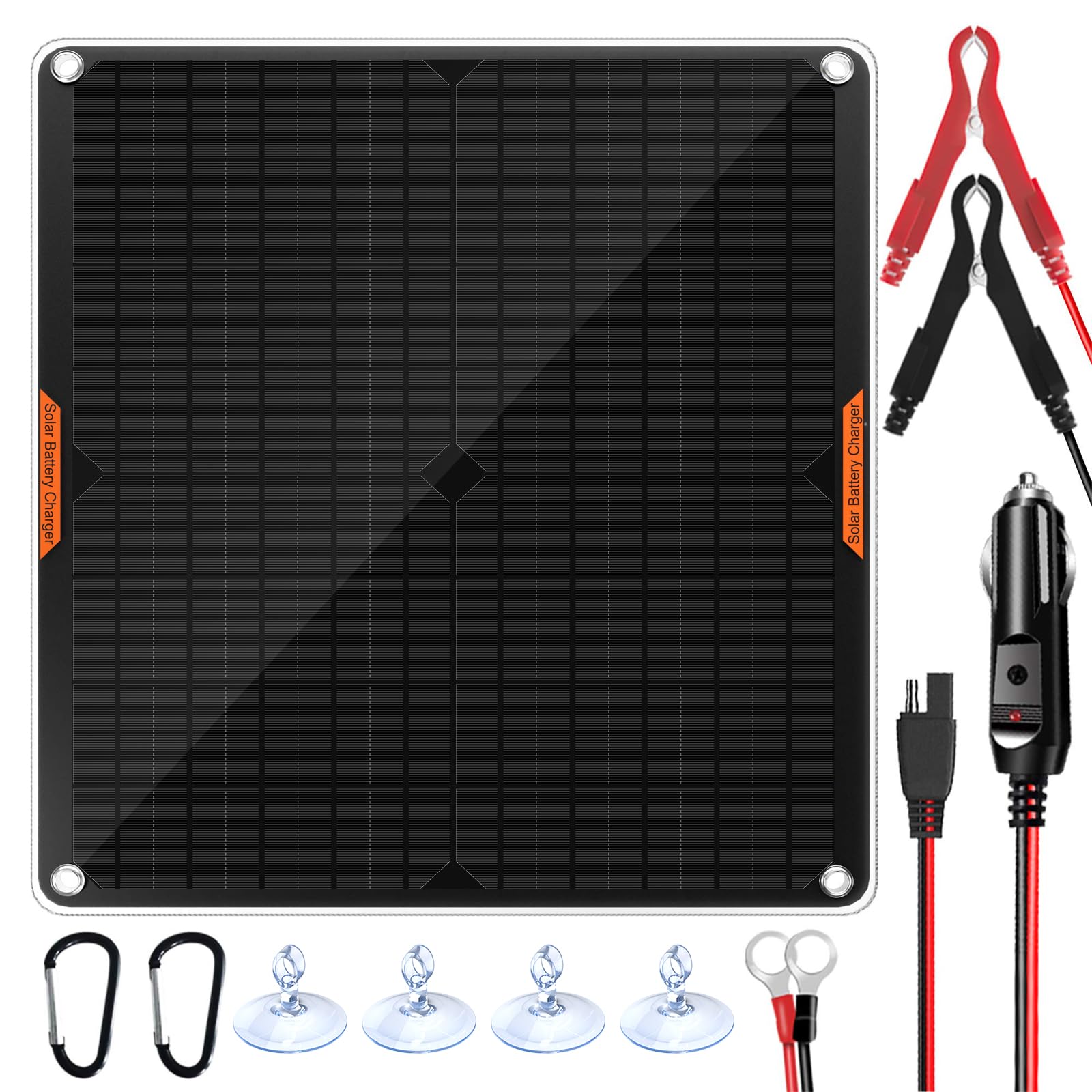 20W 12V Solar Panel Car Battery Charger - Portable Waterproof Solar Trickle Charger & Maintainer for Car, Boat, RV, Automotive - with Cigarette Lighter Plug & Alligator Clips - Perfect for Camping, Road Trips & Off-Grid Power