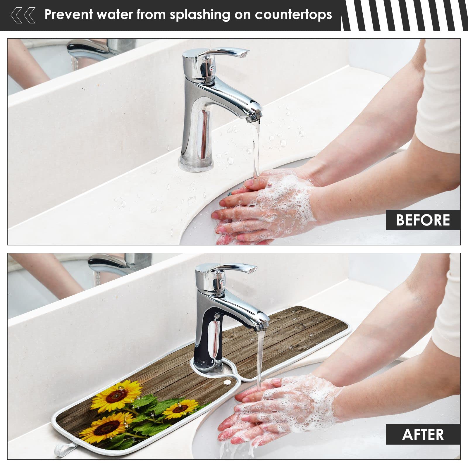 2 Pack Summer Sunflower Faucet Splash Guard Mats - Quick Drying Wooden Handle Drip Catcher for Kitchen & Bathroom (14.9x5.5 Inch) - Perfect for Protecting Countertops from Water Spills