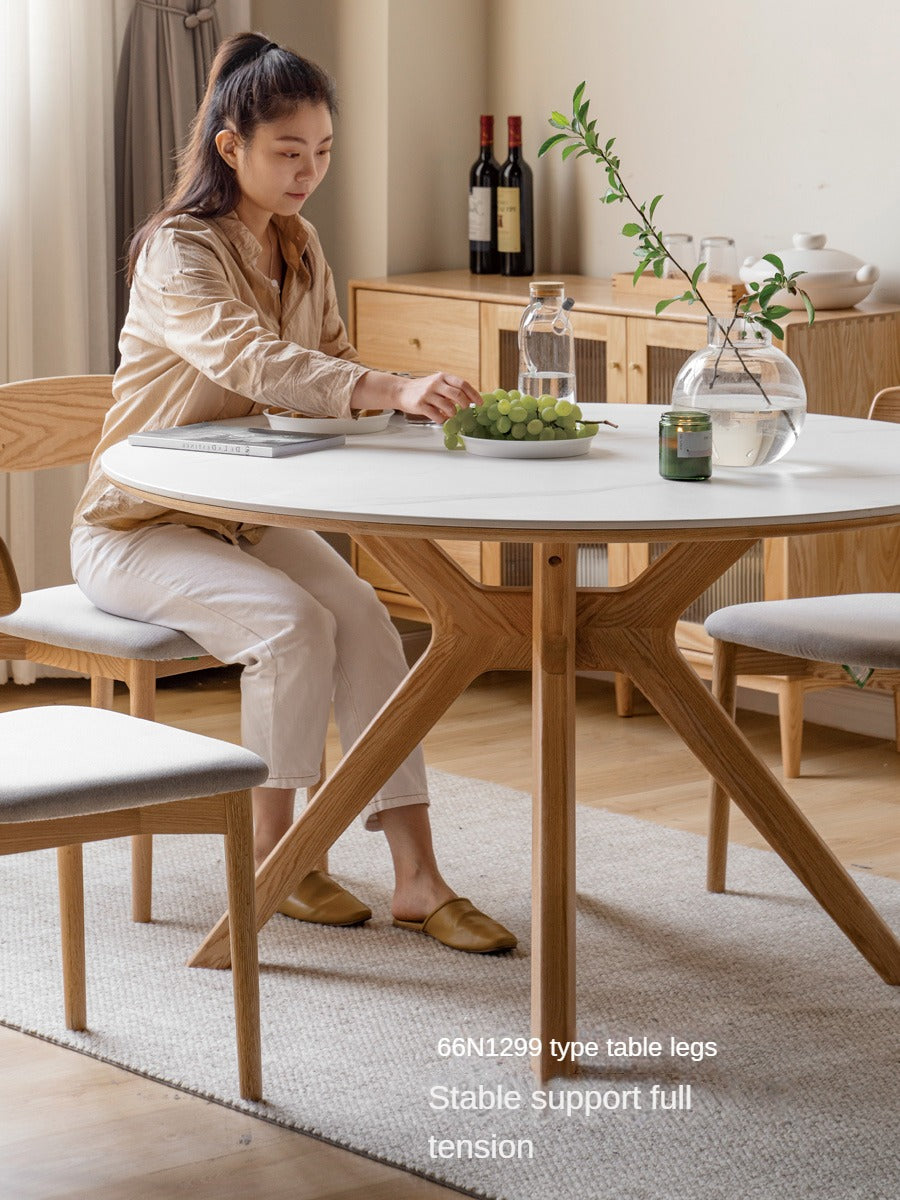 Solid Oak Wood Round Nordic Dining Table with Rock Slab Surface - Modern Farmhouse Kitchen & Dining Room Furniture for Family Gatherings