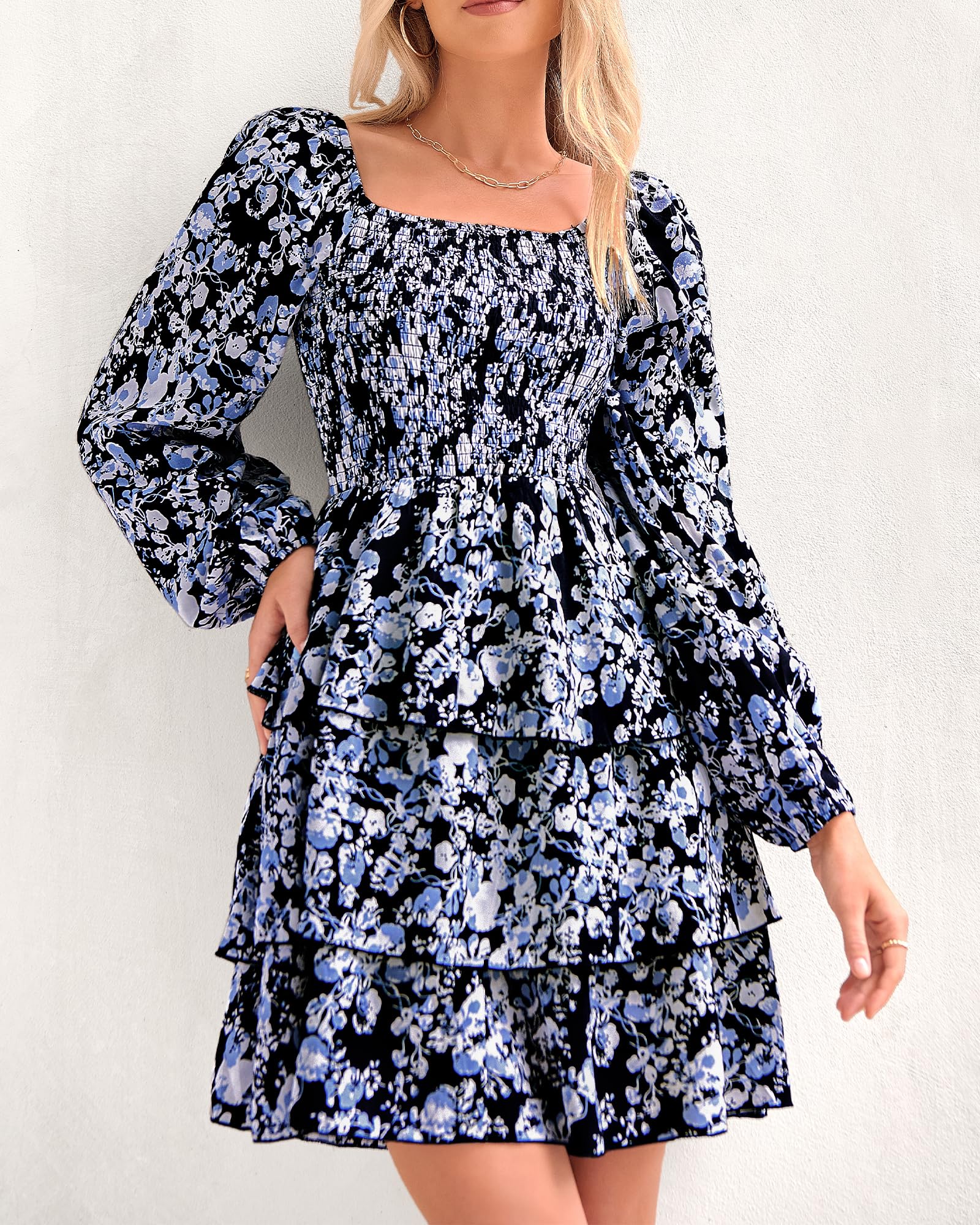 BTFBM Women's Square Neck Smocked Floral Swiss Dot Mini Dress - Long Sleeve Boho Wedding Guest Dress for Spring & Summer 2025 | Perfect for Garden Parties, Bridal Showers & Casual Events