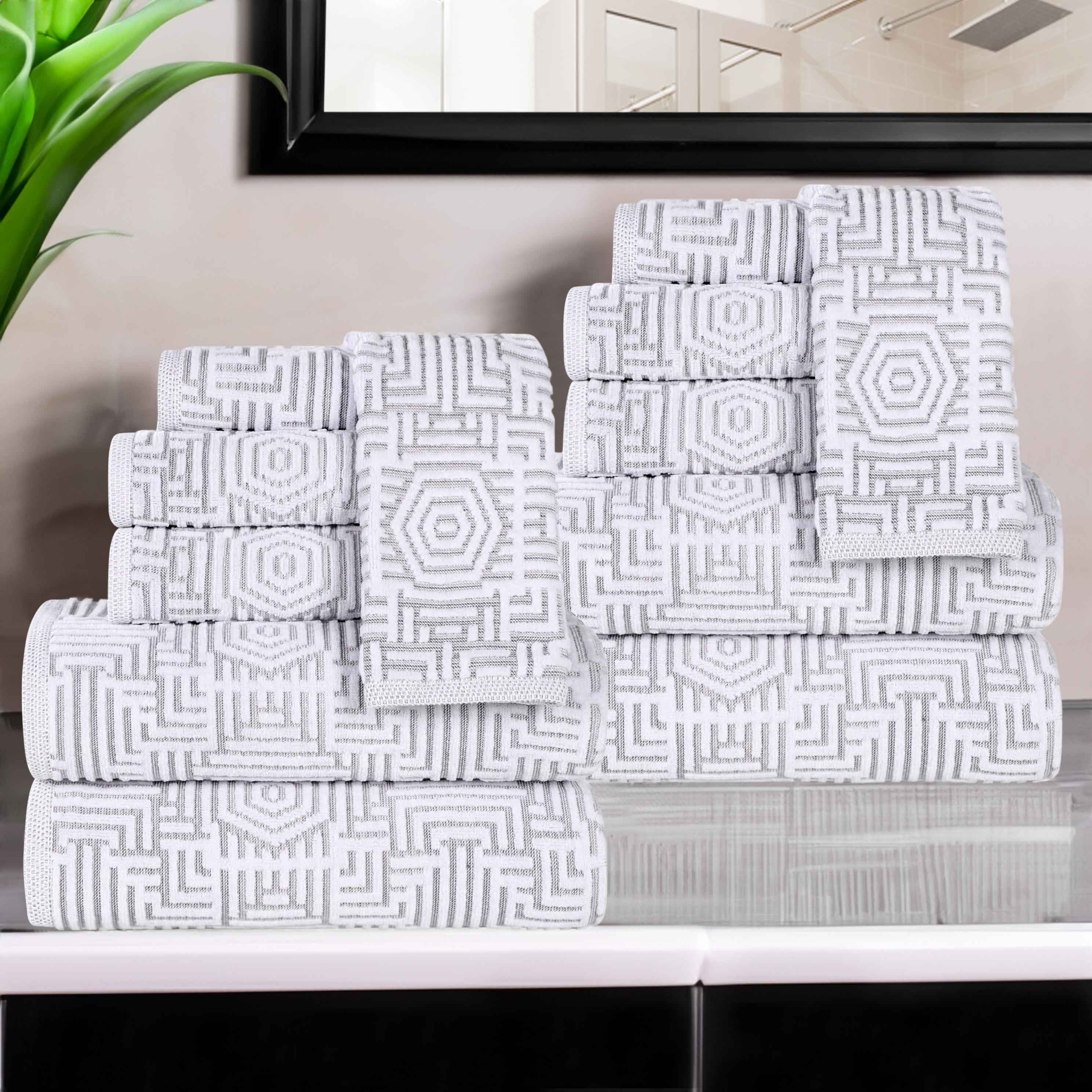 Premium 12-Piece Cotton Geometric Jacquard Plush Towel Set - Ultra Absorbent & Soft Bath Towels for Spa, Guest Bathroom & Luxury Home Decor