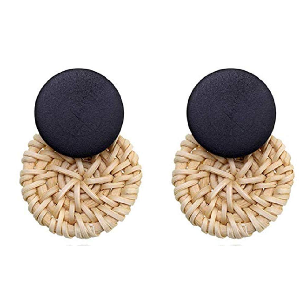 Handmade Woven Rattan Hoop Earrings for Women - Lightweight Summer Straw Stud Earrings | Boho Chic Jewelry for Beach, Vacation & Everyday Wear (Black)