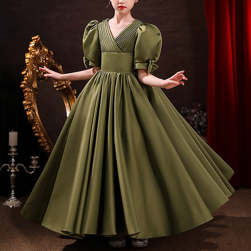Princess Floor Length Flower Girl Dress with V Neck & Puff Sleeves - Perfect for Weddings, Baptisms & Special Occasions