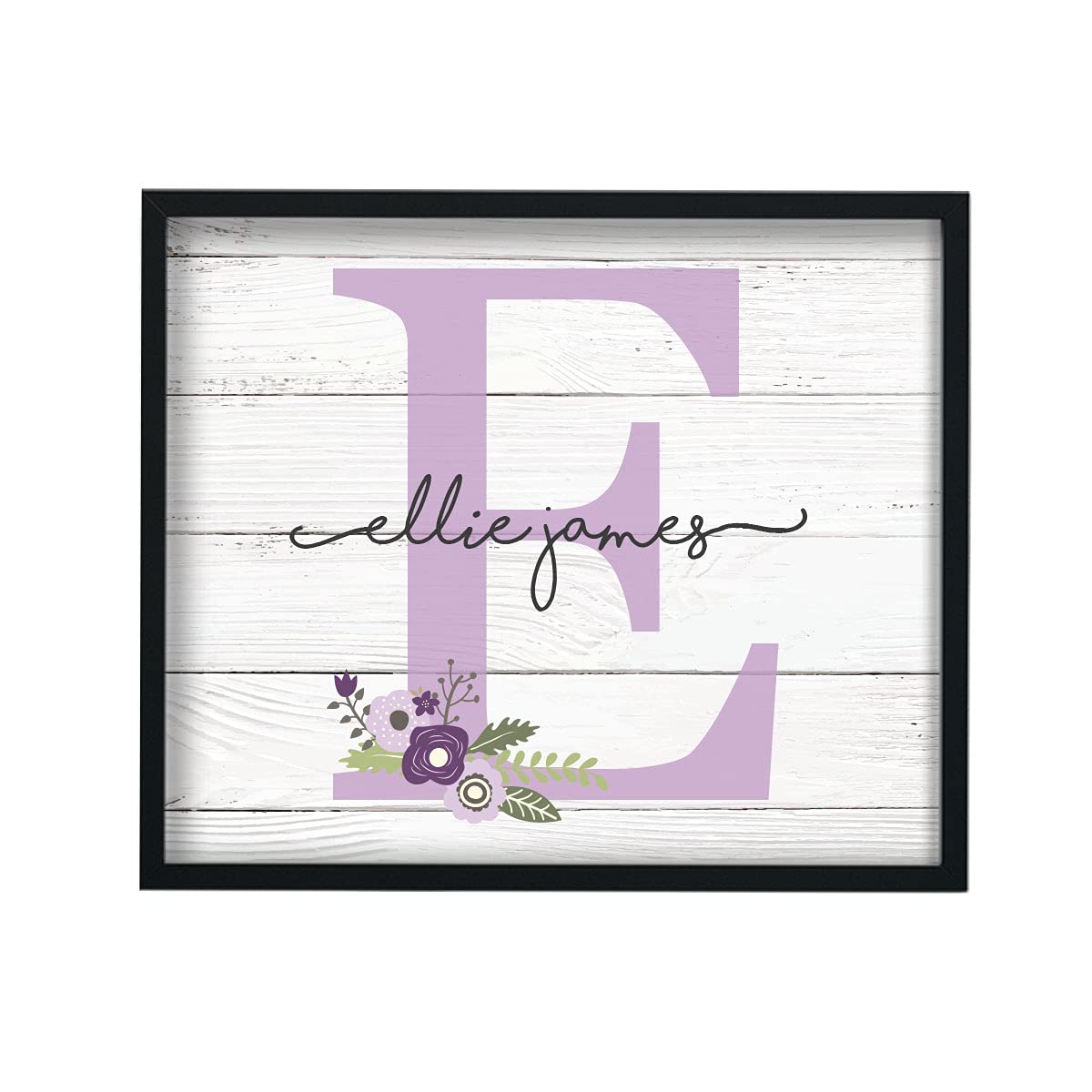 Personalized Girls Monogram Paper Art Print - Wood Nursery Wall Decor, Rustic Name Sign for Baby Room, Purple Floral Nursery Art, Dorm & Girls Bedroom Decoration - Perfect for Baby Showers, Birthday Gifts & Room Makeovers