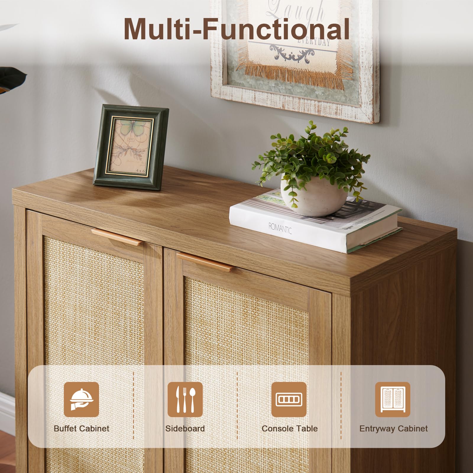 Hampstead Storage Sideboard Cabinet with Rattan Doors - Buffet Kitchen Cabinet with Adjustable Shelves, Accent Cupboard Console for Living Room & Hallway (Weathered Oak) - Perfect for Dining Room Storage, Entryway Organization & Home Decor