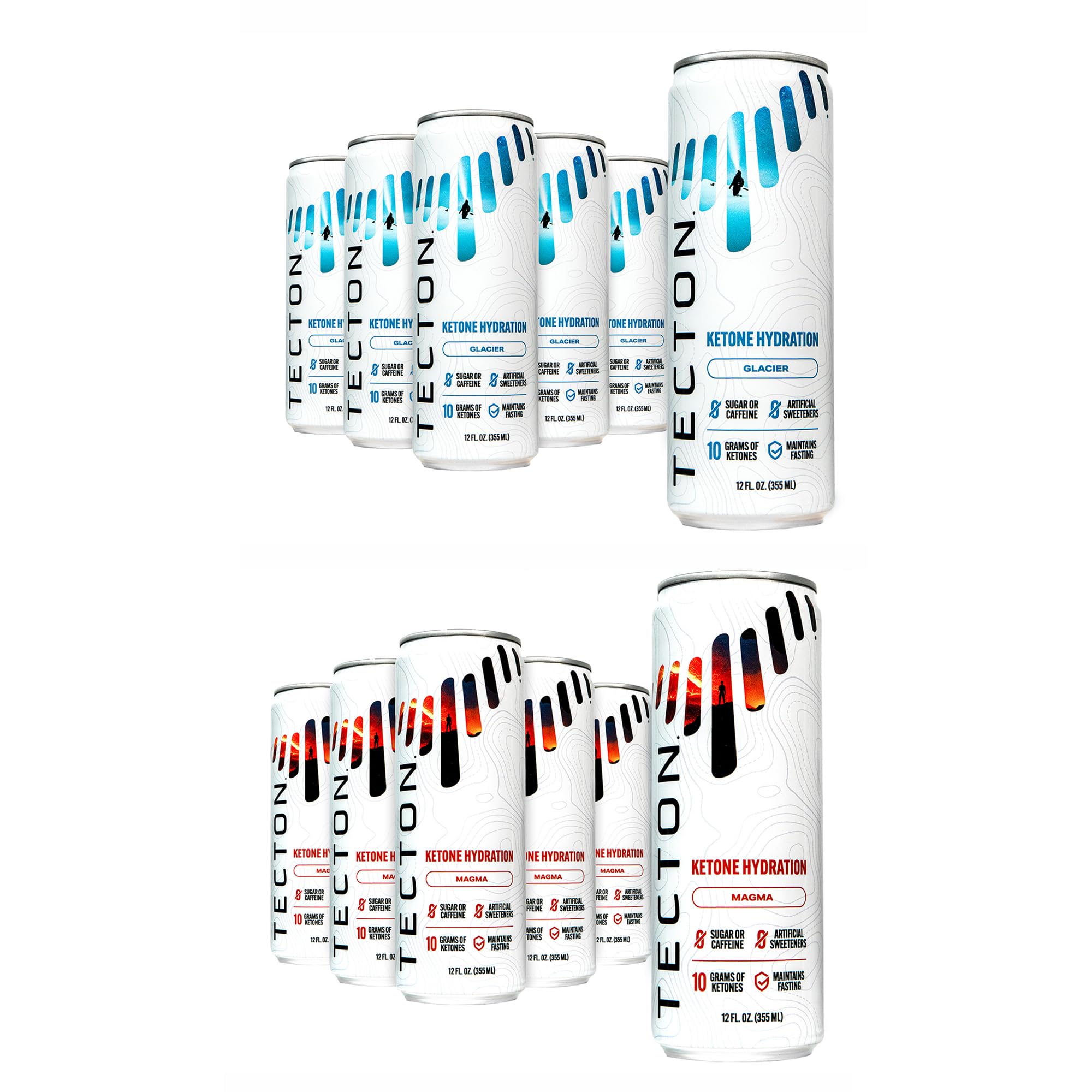 Tecton Ketone Energy Drink - 12oz Variety Pack (12 Glacier, 12 Magma) - 10g Natural Ketones per Serving - Stimulant-Free Energy Boost - Perfect for Keto Diet, Workouts & Mental Focus