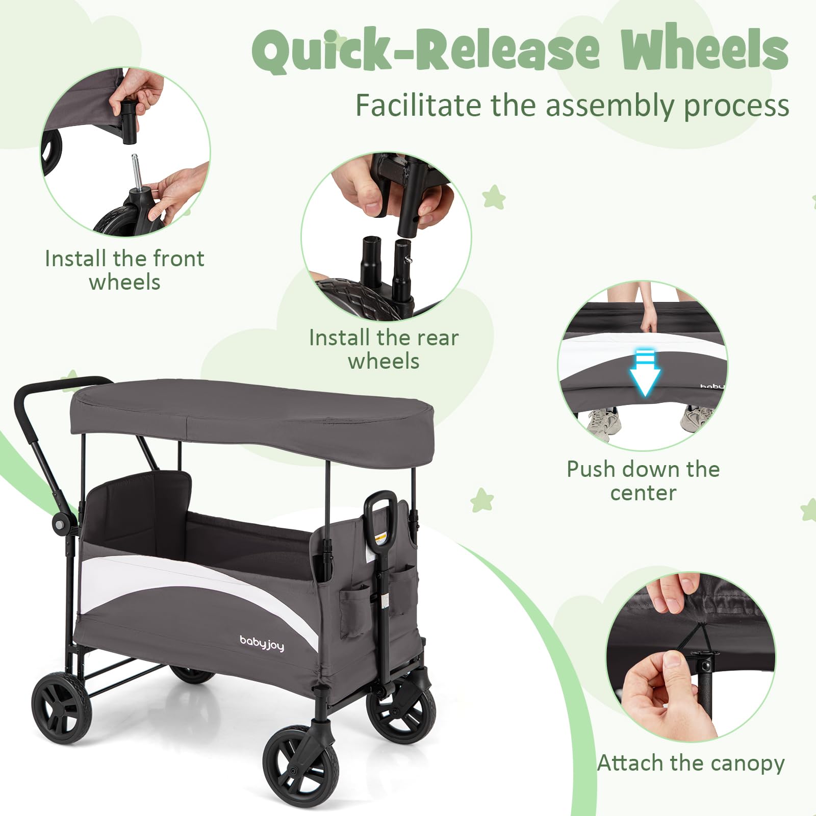 Baby Joy Foldable Wagon Stroller for 2 Kids - Heavy Duty Collapsible Cart with Adjustable Handle, Removable Canopy, Safety Harness & All-Terrain Wheels - Perfect for Beach, Park, Shopping & Outdoor Adventures (Gray)