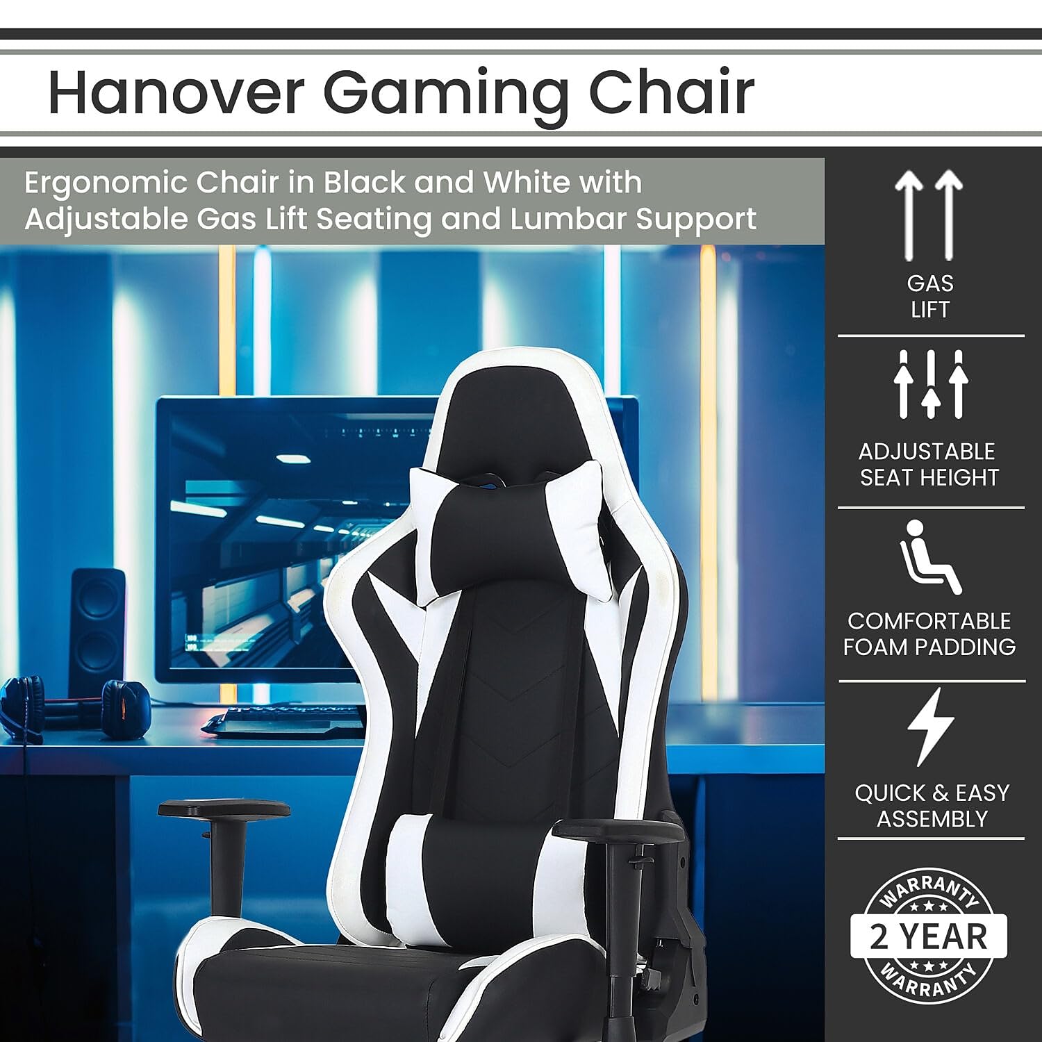 Ergonomic Gaming Chair with Adjustable Lumbar & Neck Support - Black & White Commando Style - Adjustable Height & Gas Lift for PC, Office & Esports Gaming Setup